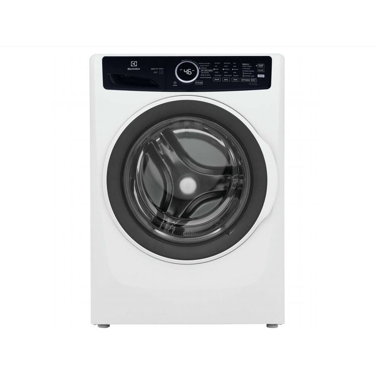 White Electrolux front-load washer with large round glass door, center dial, and digital control panel