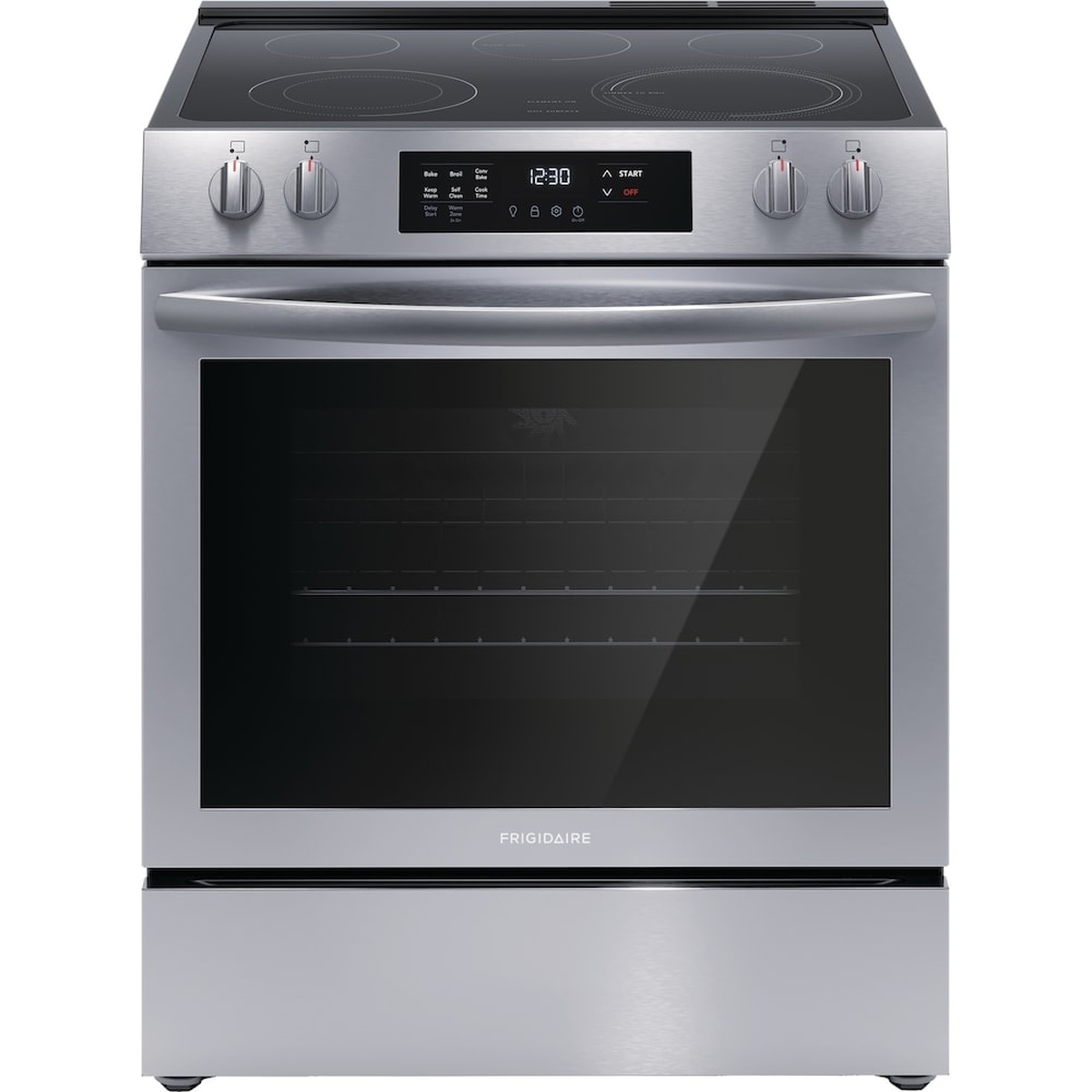 Front view of a Frigidaire stainless steel slide-in electric range with a smooth glass cooktop, front control knobs and digital display, oven window, and lower storage drawer.