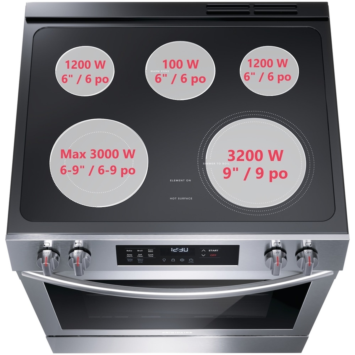 Top-down view of the smooth glass cooktop with element wattage and size callouts, including 3200 W 9 in, max 3000 W 6 to 9 in, 1200 W 6 in elements, and a 100 W 6 in warm zone.