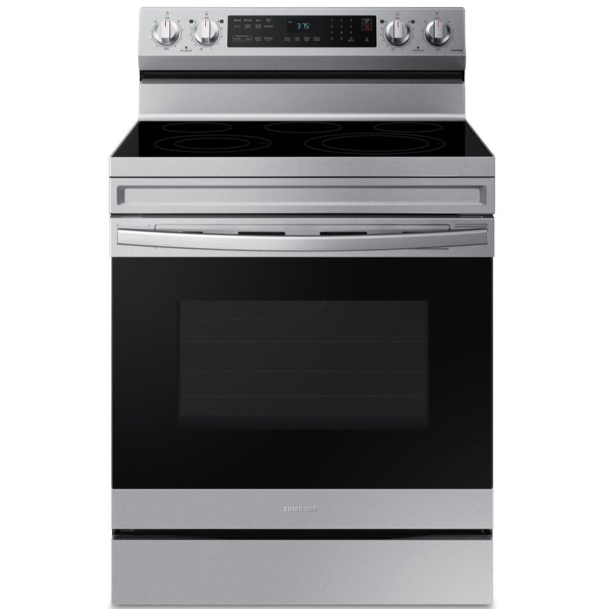 Front view of a stainless steel Samsung freestanding electric range with a smooth black glass cooktop and large oven window
