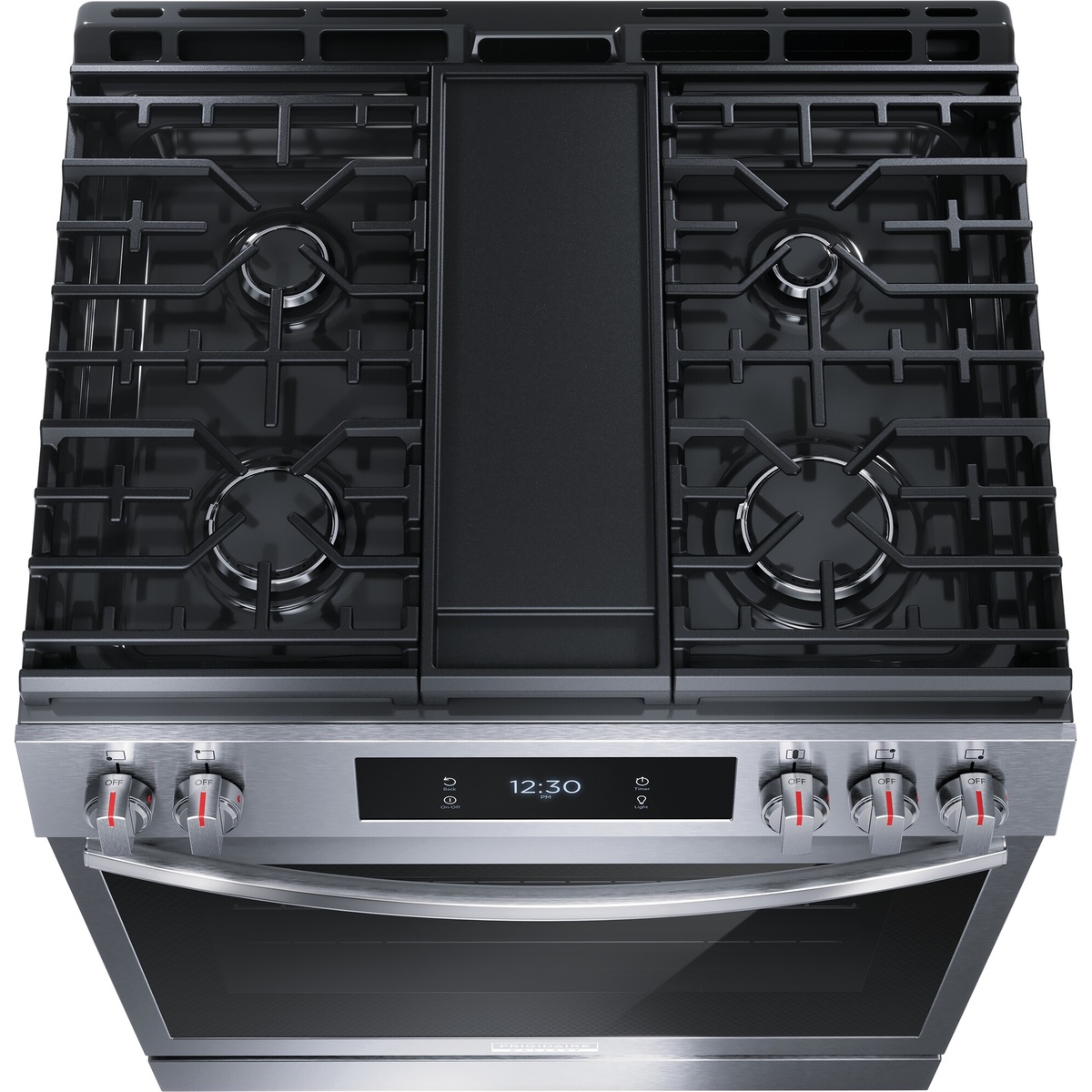 Top-down view of the range showing five gas burners, continuous cast-iron grates, and a center griddle area with front knobs and a digital display