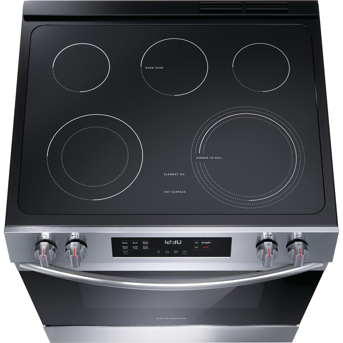 Top-down view of the Frigidaire electric range showing the smooth glass cooktop with five marked cooking zones including a warm zone