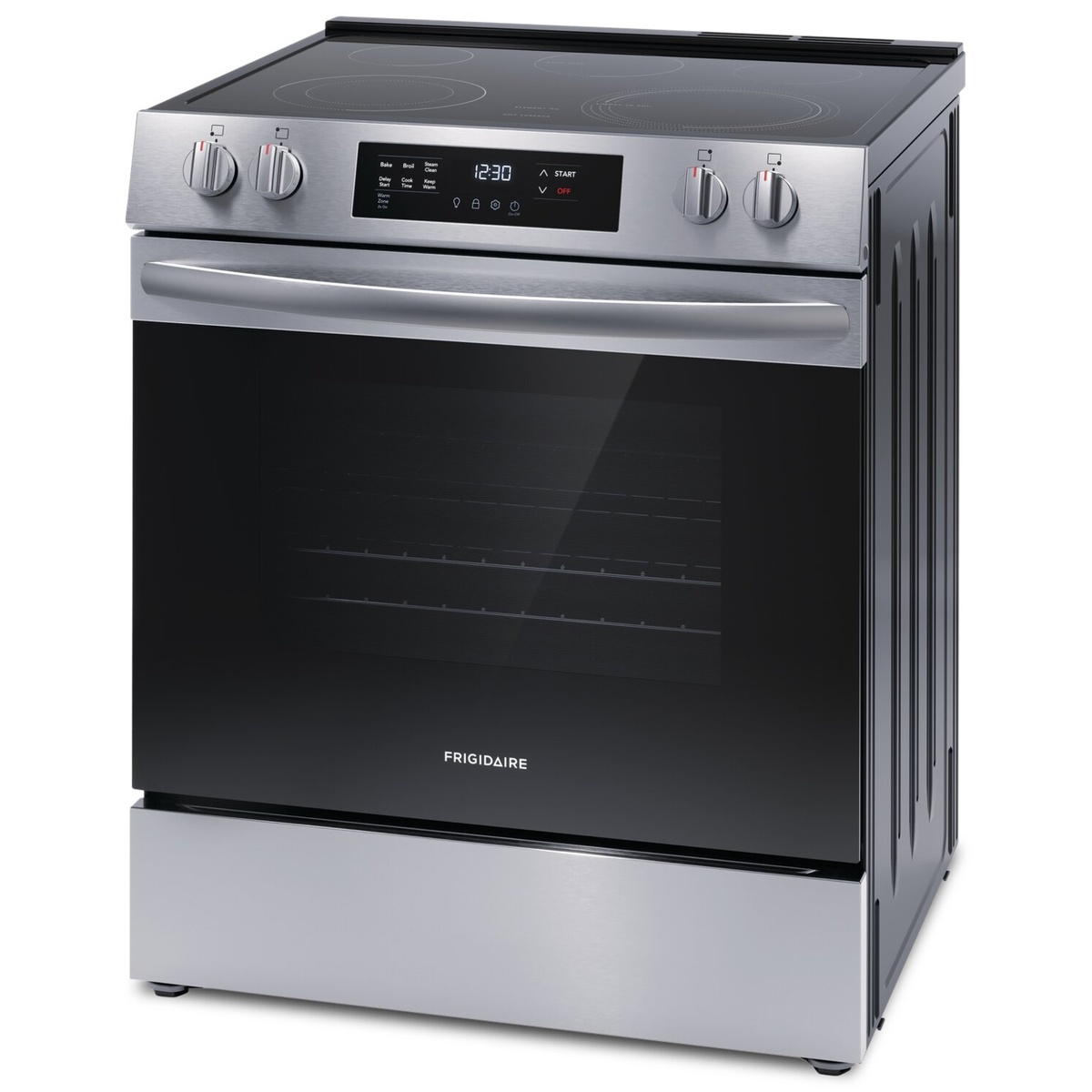 Angled view of the Frigidaire stainless steel front-control freestanding electric range with glass cooktop