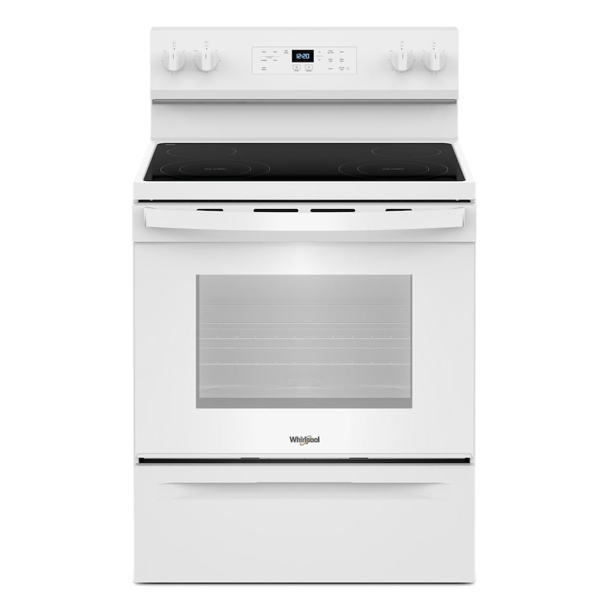 Front view of a white Whirlpool freestanding electric range with a smooth black glass cooktop, backguard controls, and a lower storage drawer