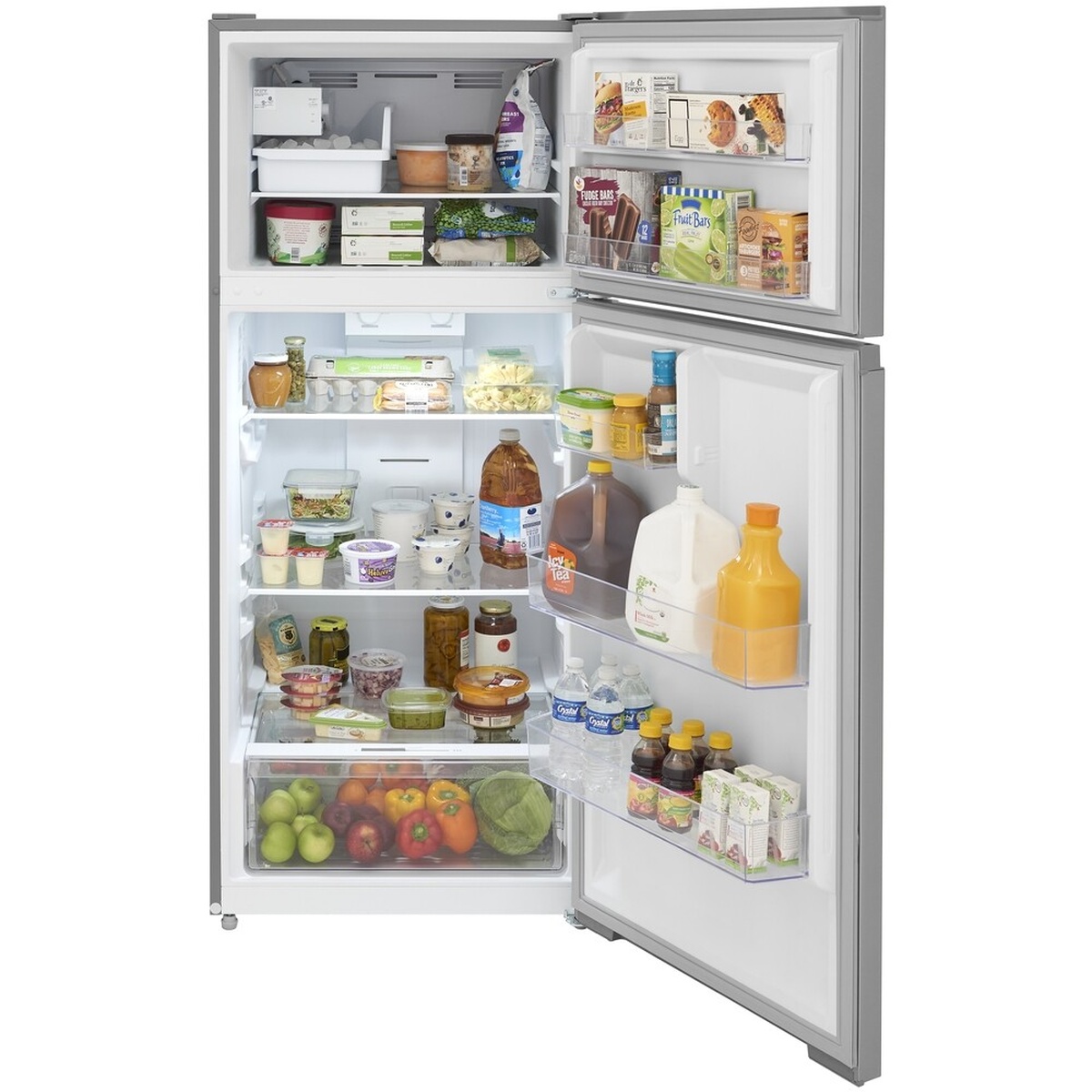 Open top-freezer refrigerator stocked with food, showing adjustable glass shelves, clear door bins, and a full-width crisper drawer