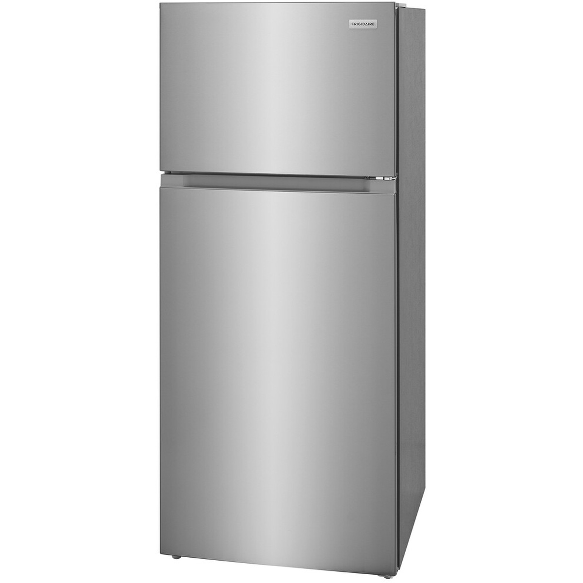 Angled view of a stainless steel Frigidaire top-freezer refrigerator