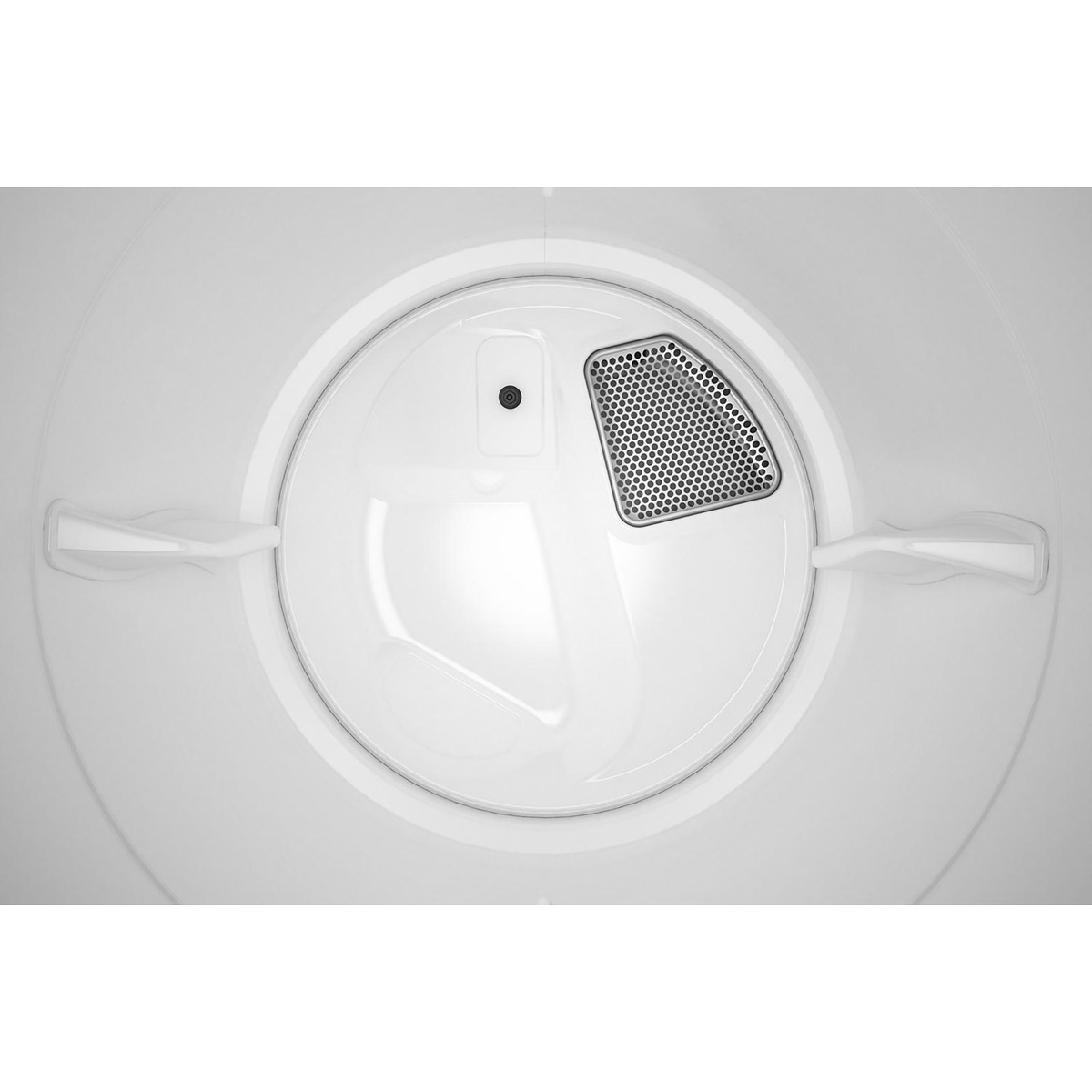 Inside view of the dryer drum showing the back panel and lint screen area