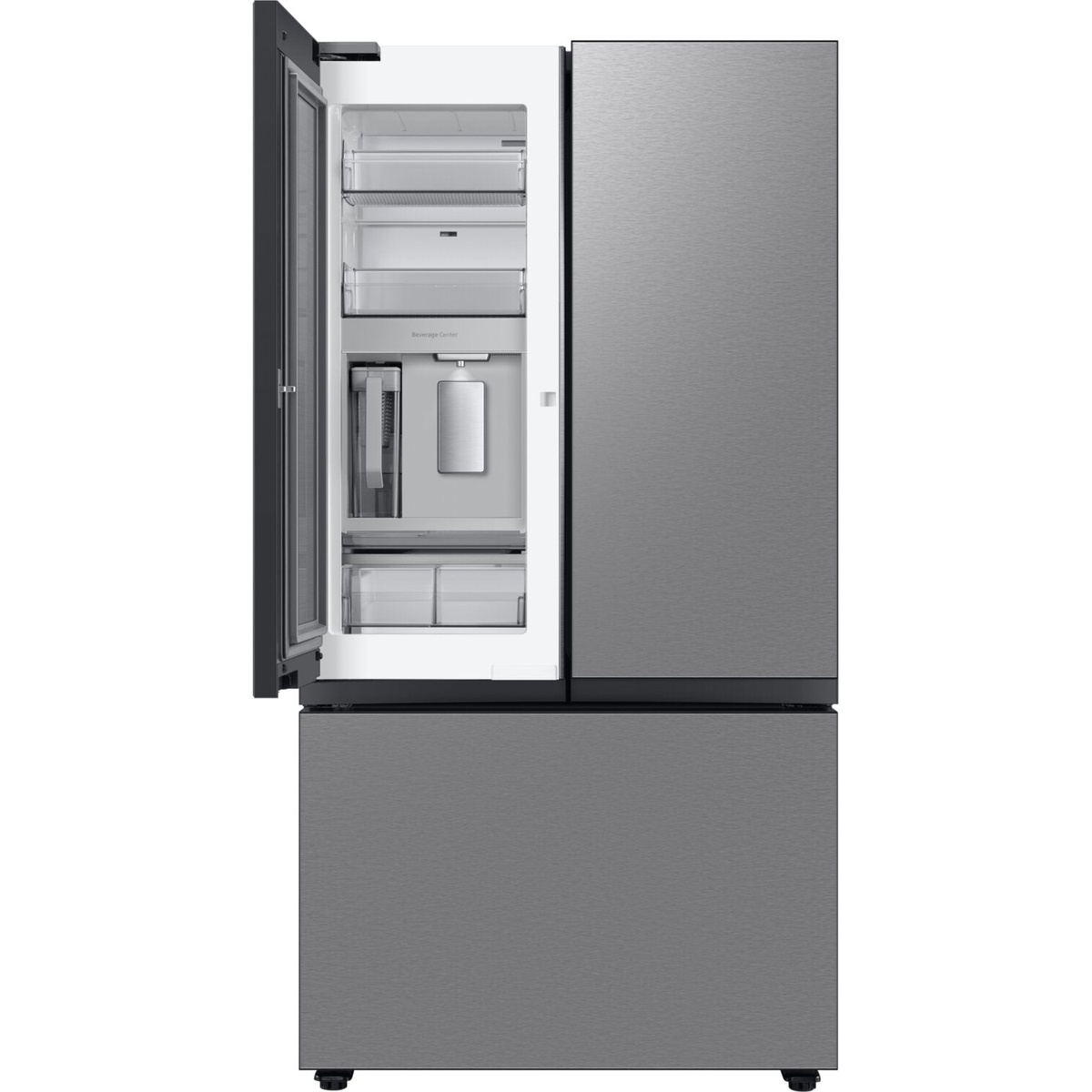 Samsung BESPOKE refrigerator with the left door open showing the Beverage Center compartment and water pitcher area