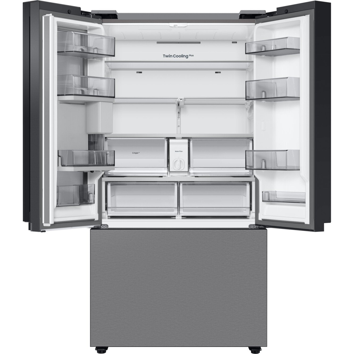 Open Samsung BESPOKE French-door refrigerator interior with shelves, door bins, and 