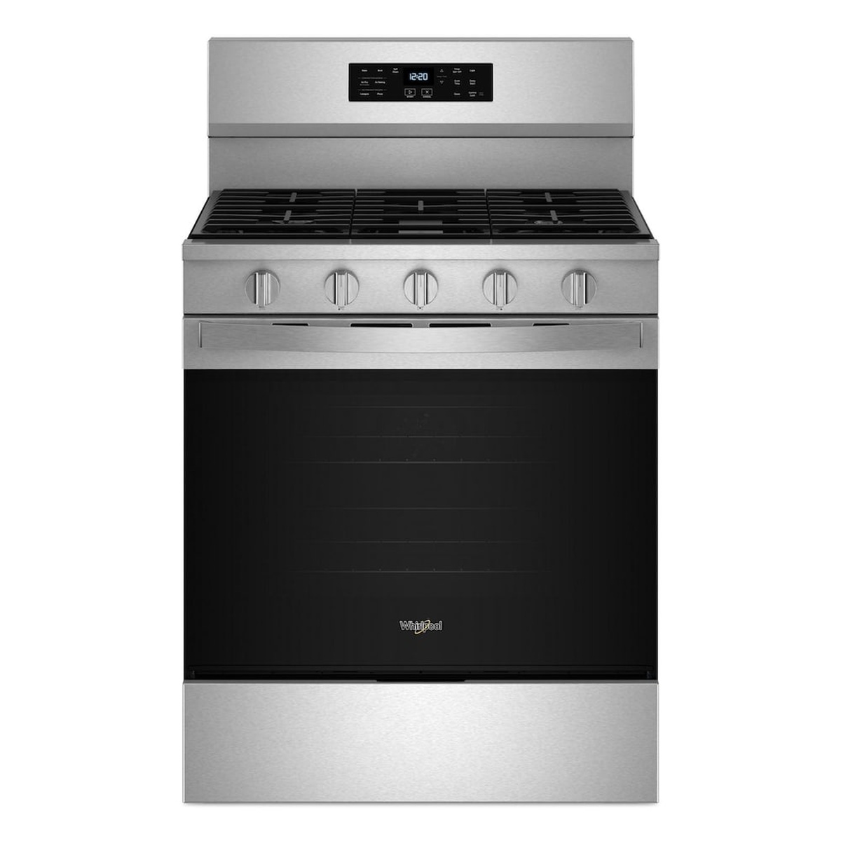 Front view of a Whirlpool freestanding stainless steel gas range with five knobs, continuous cast-style grates, a back control panel, oven window, and lower storage drawer