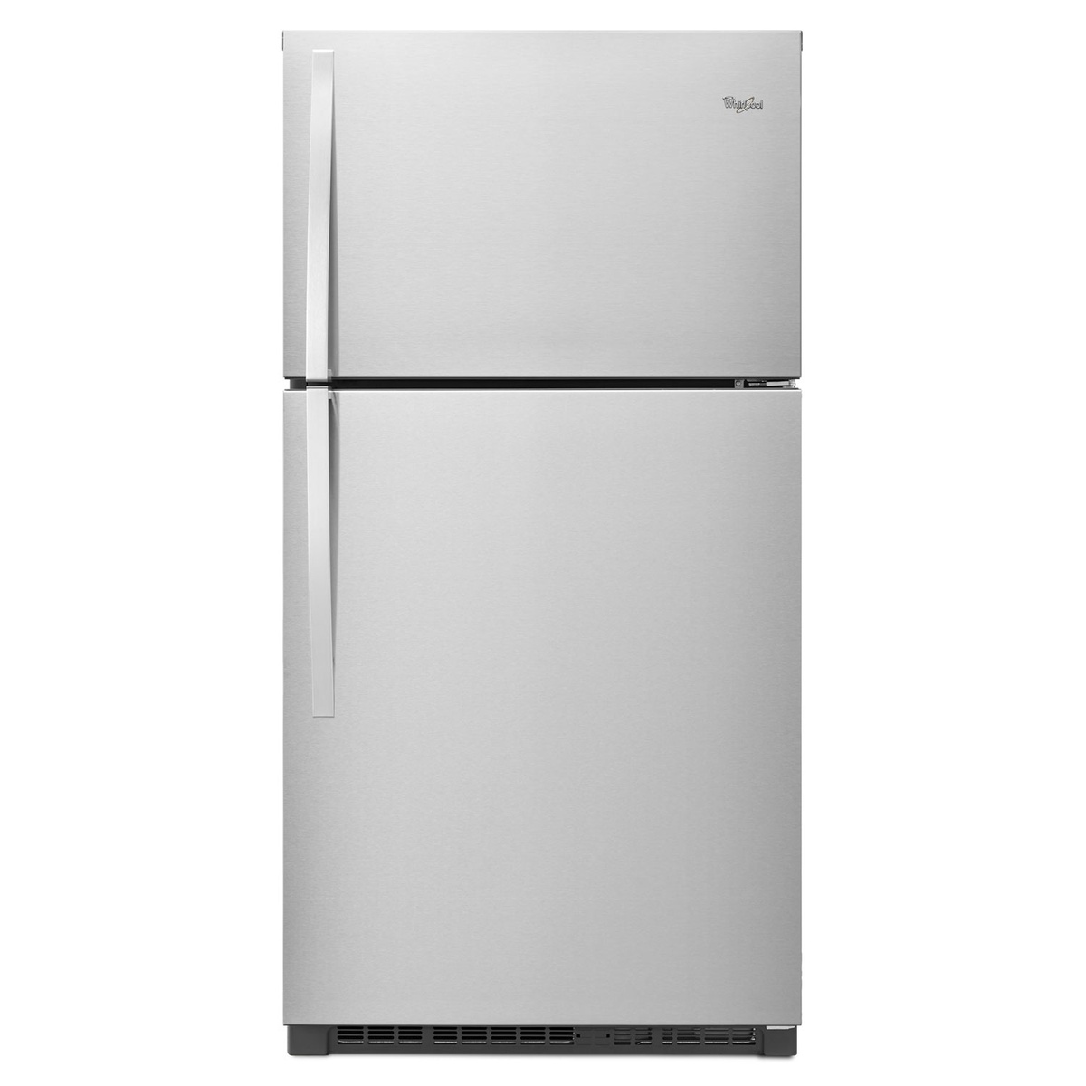 Front view of a stainless steel Whirlpool top-freezer refrigerator with two swing-out doors and long vertical handles