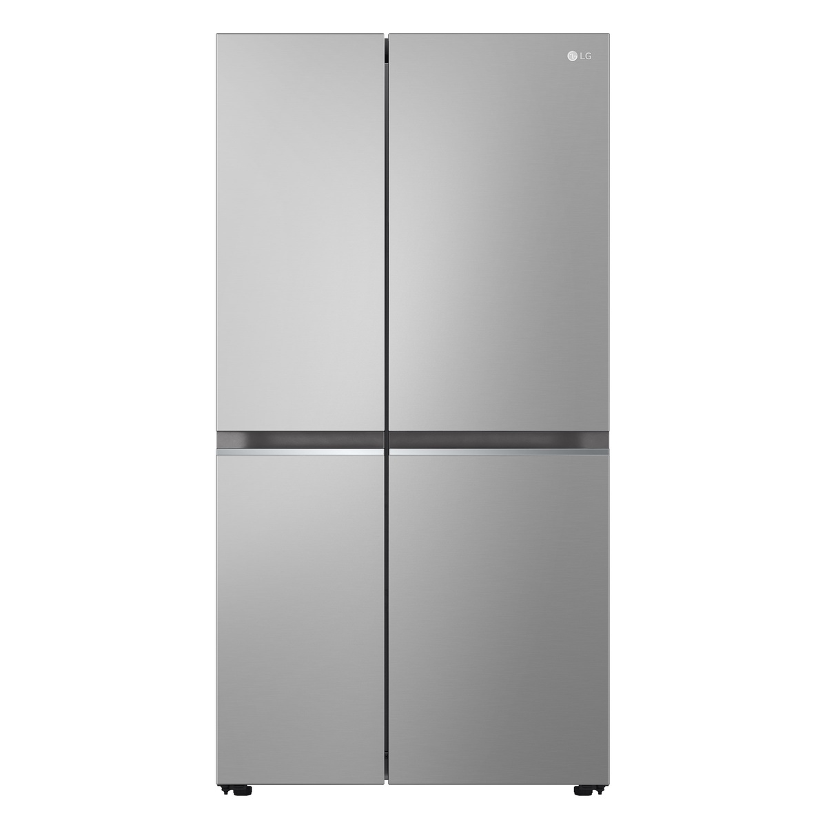 Front view of an LG counter-depth side-by-side refrigerator with a flat stainless-look finish and minimal exterior detailing