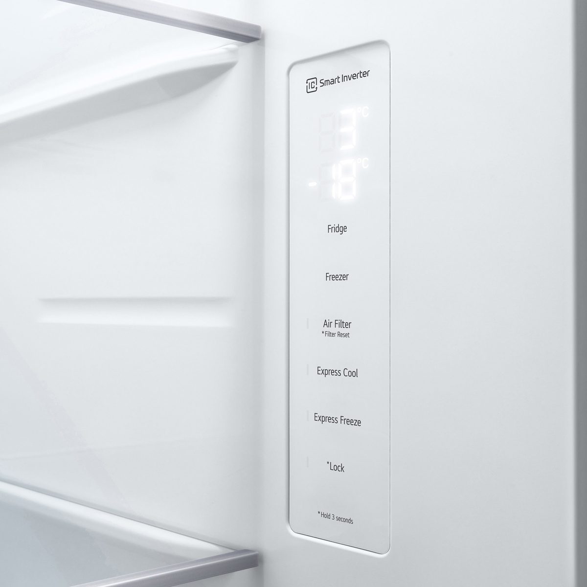 Interior touch control panel labeled Smart Inverter with fridge and freezer temperature readouts and buttons for air filter reset, express cool, express freeze, and lock
