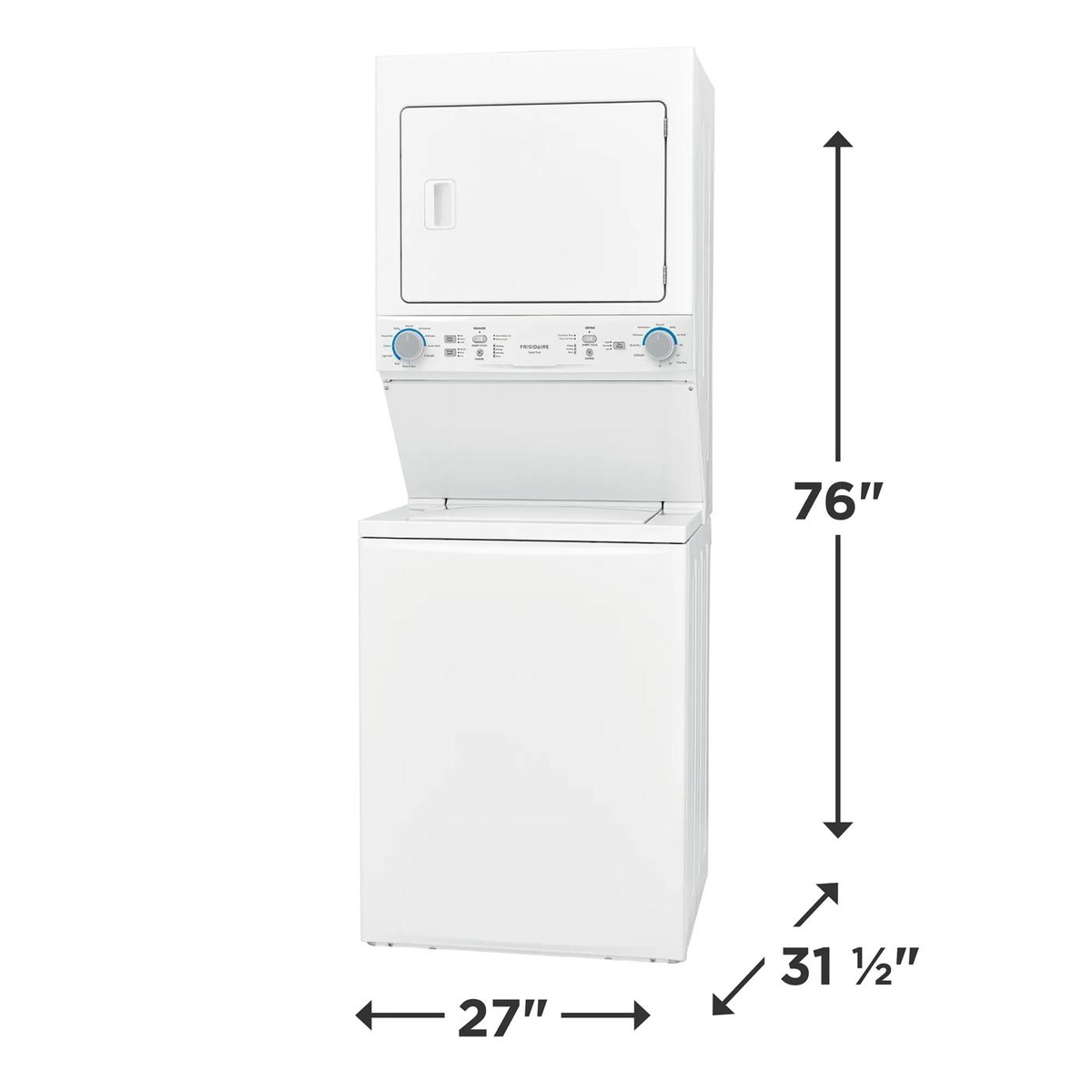 Front view of the Frigidaire stacked laundry center with dimension arrows showing 76 inch height, 27 inch width, and 31 1/2 inch depth