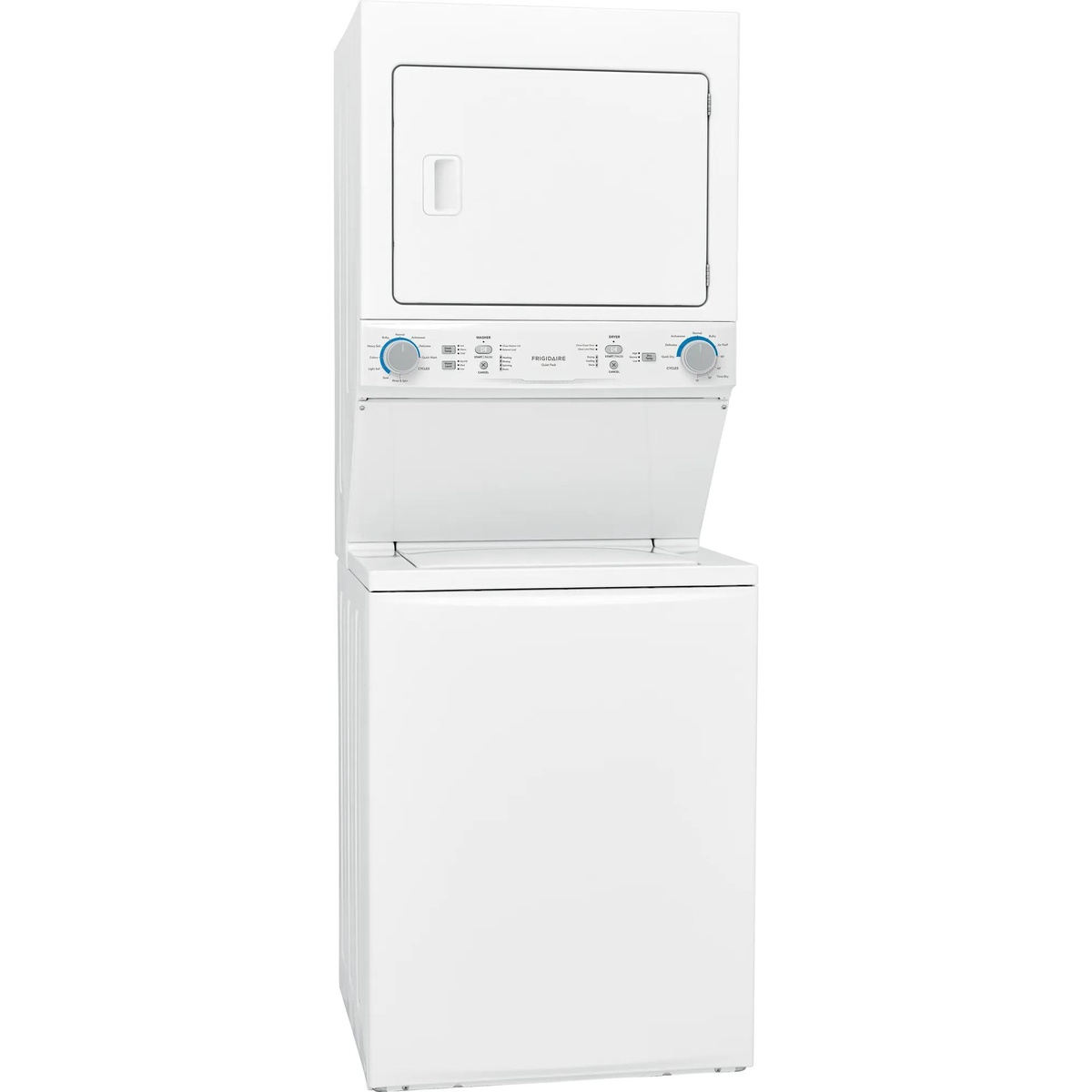 Angled front view of the Frigidaire laundry center showing the dryer door above and the central control panel with cycle knobs