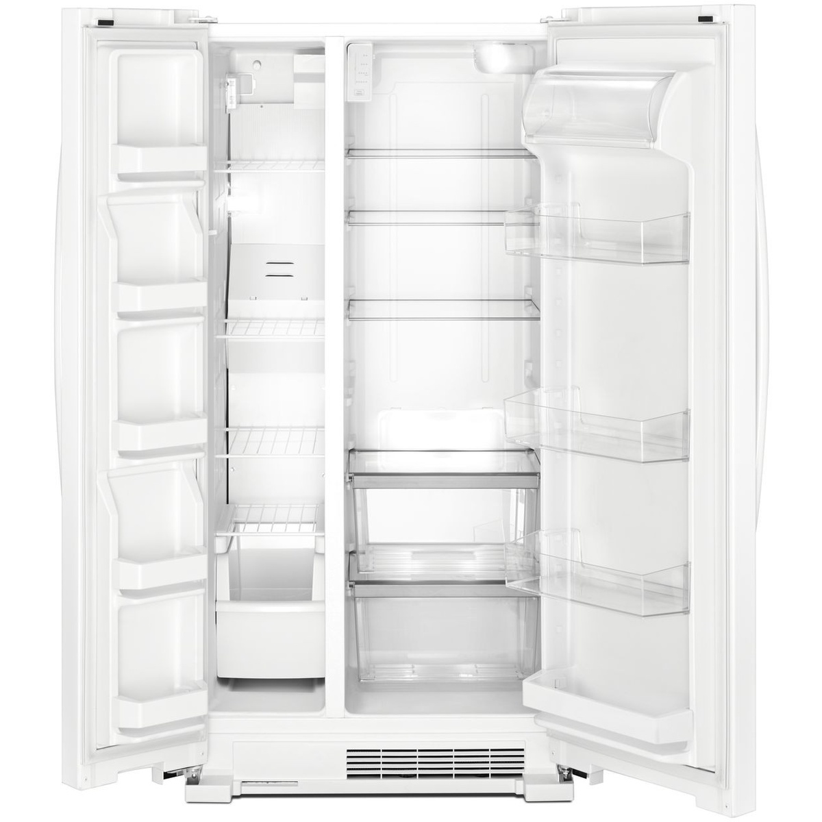 Whirlpool WRS312SNHW refrigerator with both doors open showing glass refrigerator shelves, wire freezer shelves, drawers, and multiple door bins