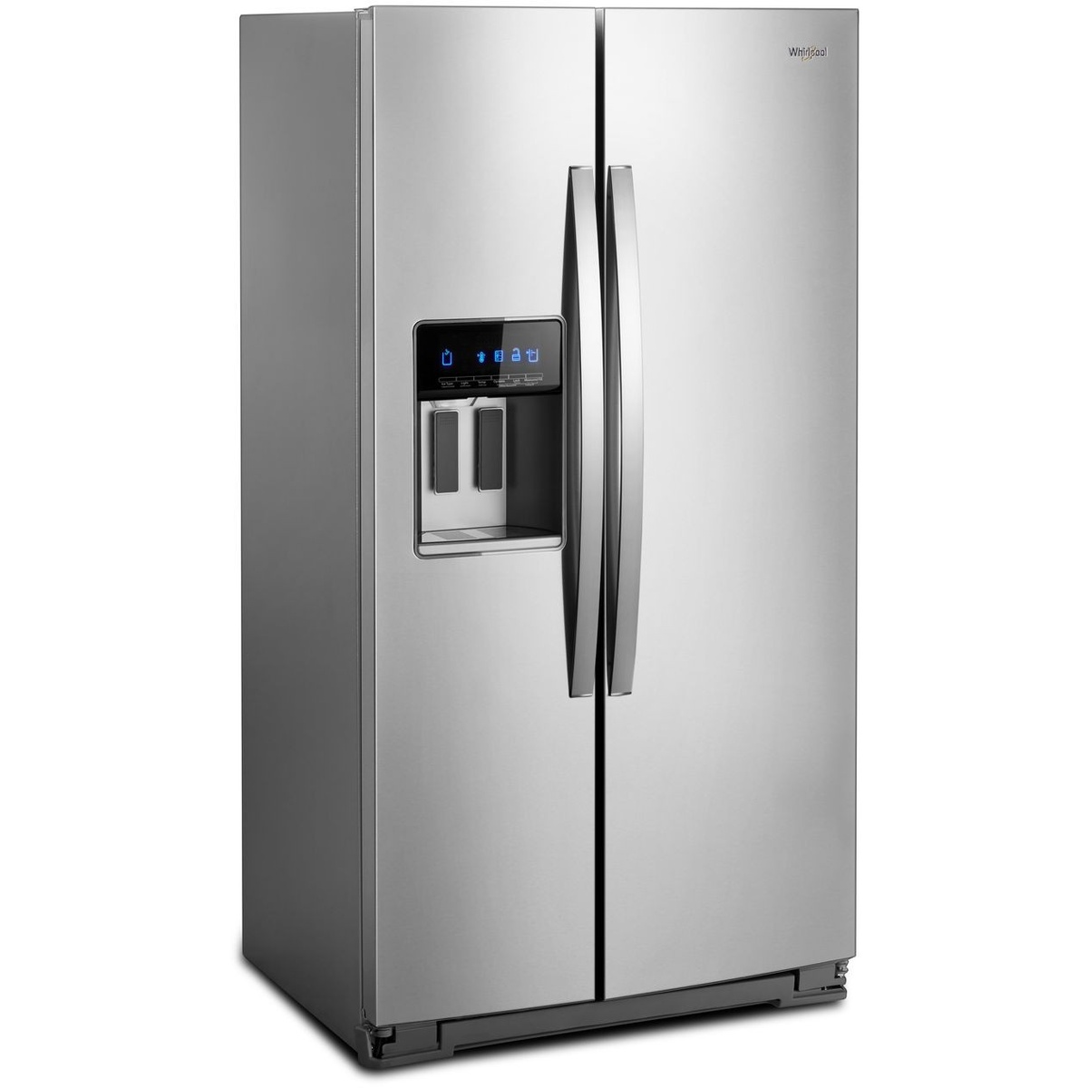 Angled exterior view of a stainless Whirlpool side-by-side refrigerator with an in-door ice and water dispenser
