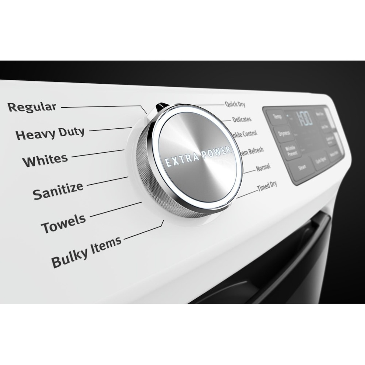 Close-up of the Maytag dryer control dial labeled Extra Power with cycle names like Regular, Heavy Duty, Sanitize, Quick Dry, Steam Refresh, and Timed Dry