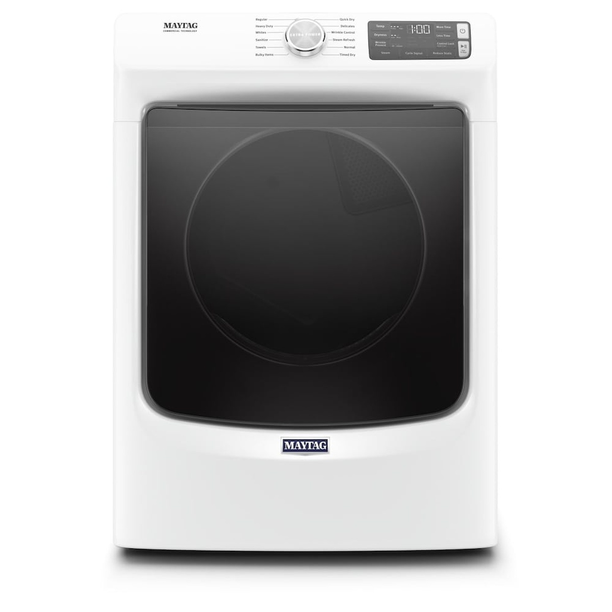 Front view of a white Maytag front load dryer with a large dark-tinted door window and Maytag logo