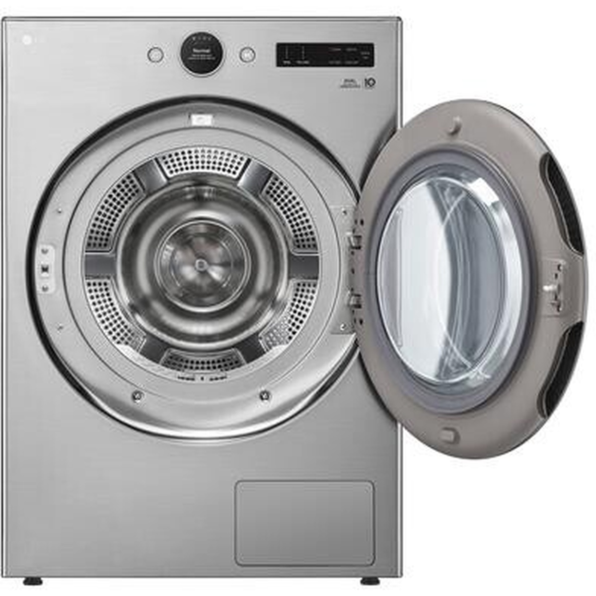LG front-load dryer with the door open, showing the metal drum interior and glass door window