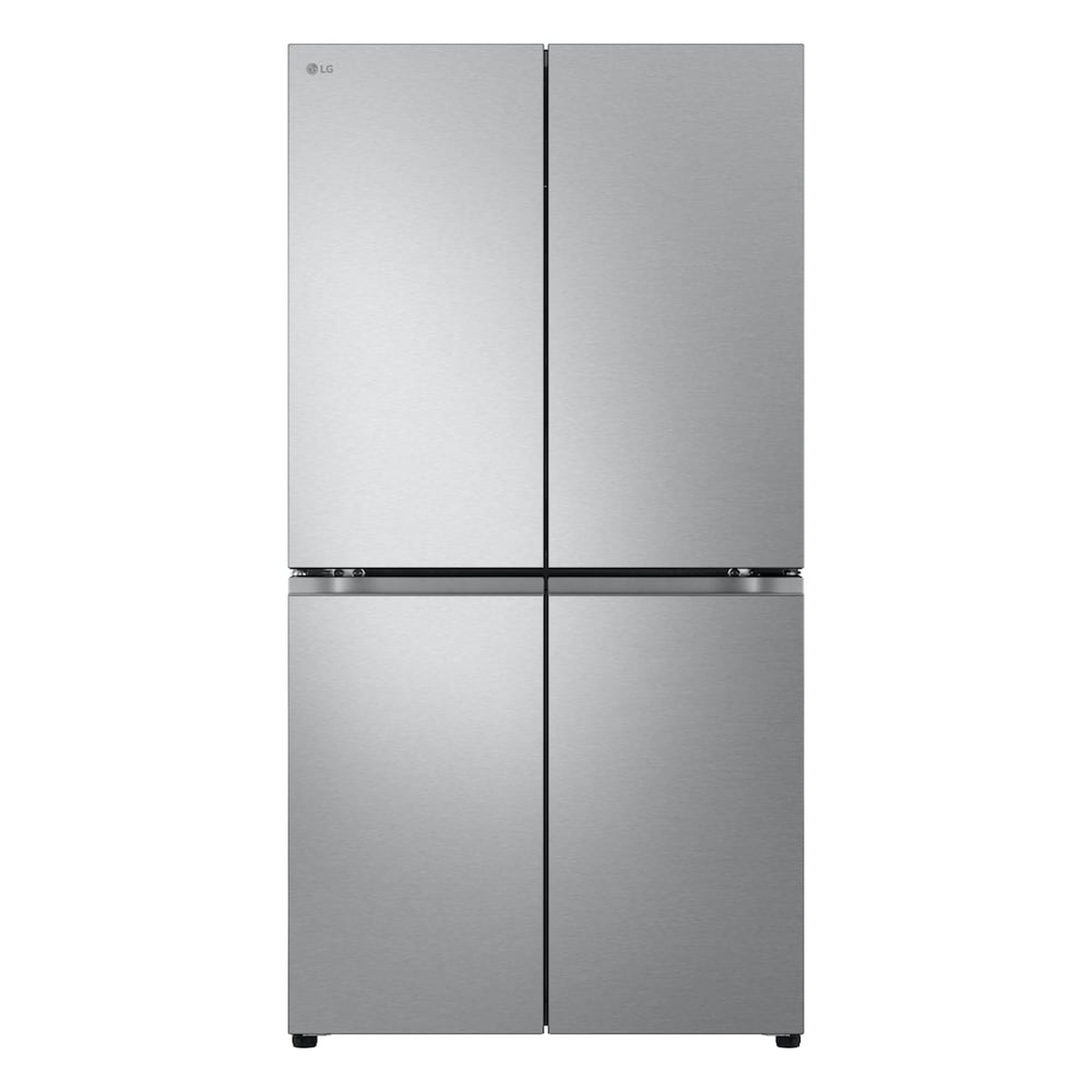 Front view of a stainless steel LG 4-door refrigerator with flat panel doors