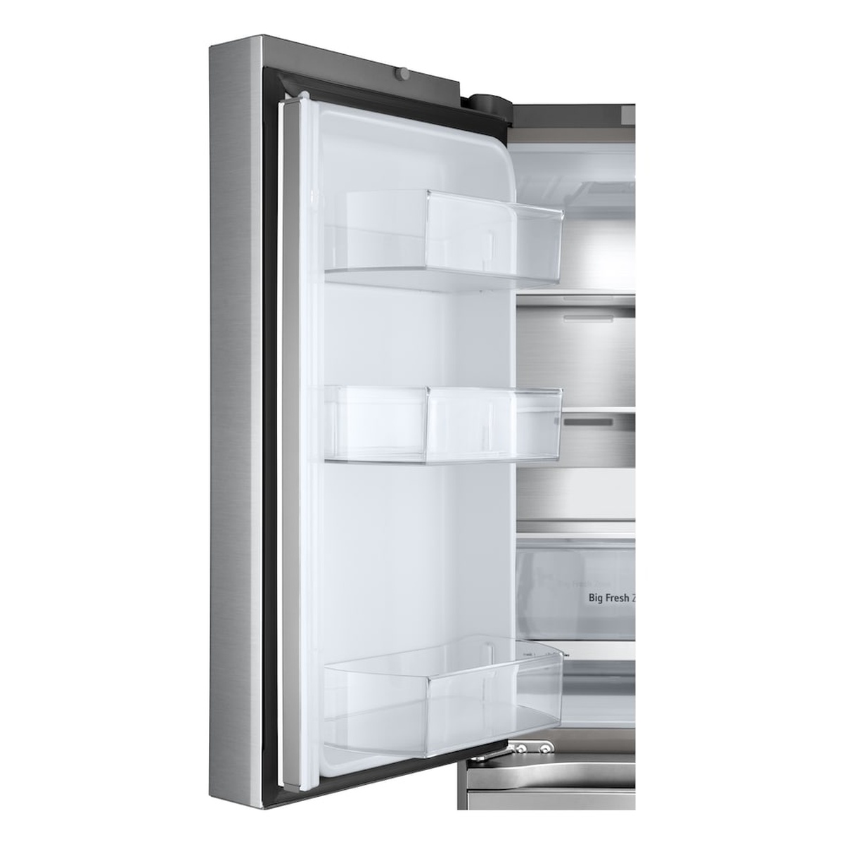 Open refrigerator door showing three clear door bins and interior shelving