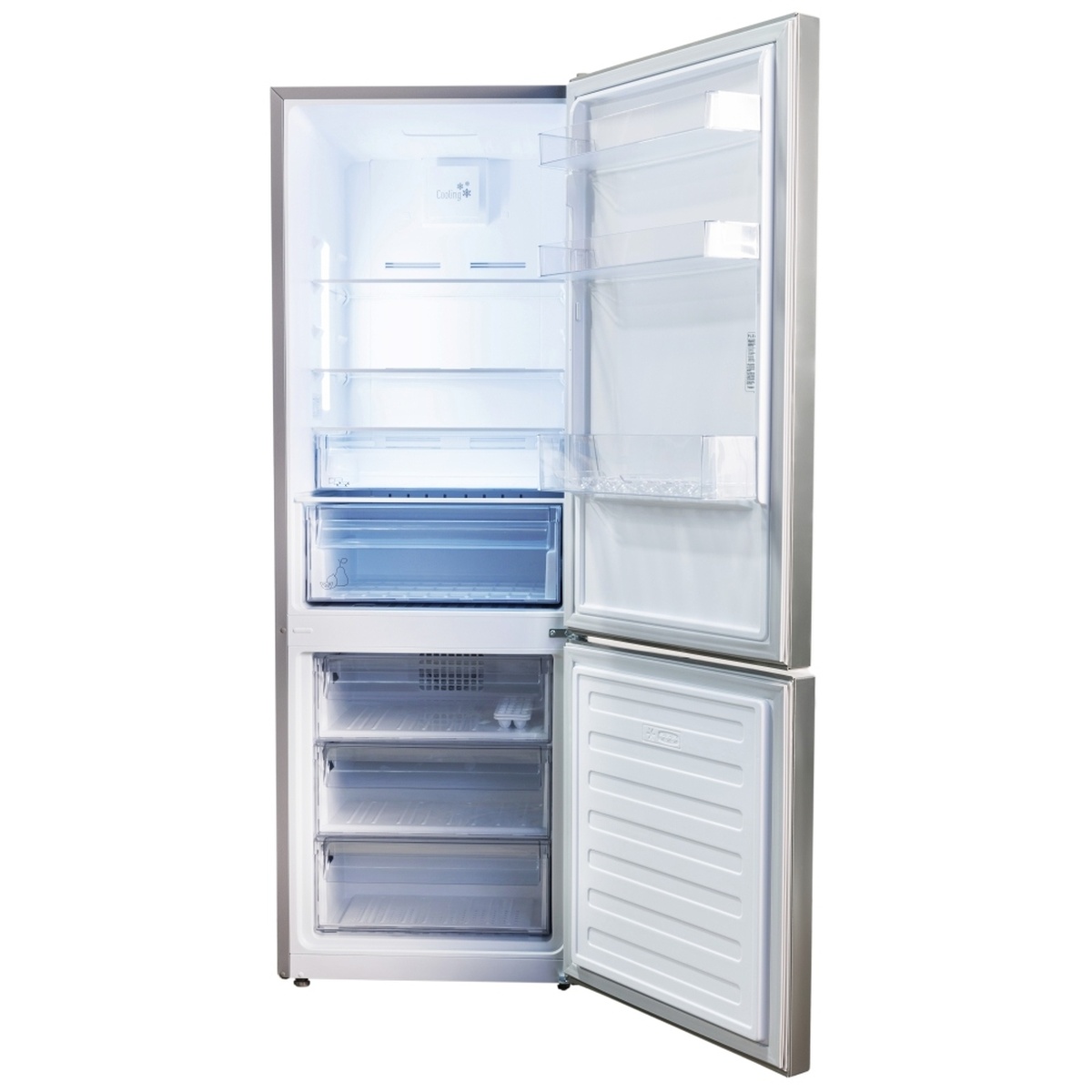 Open refrigerator showing glass shelves, door bins, a large crisper drawer, and three clear freezer drawers