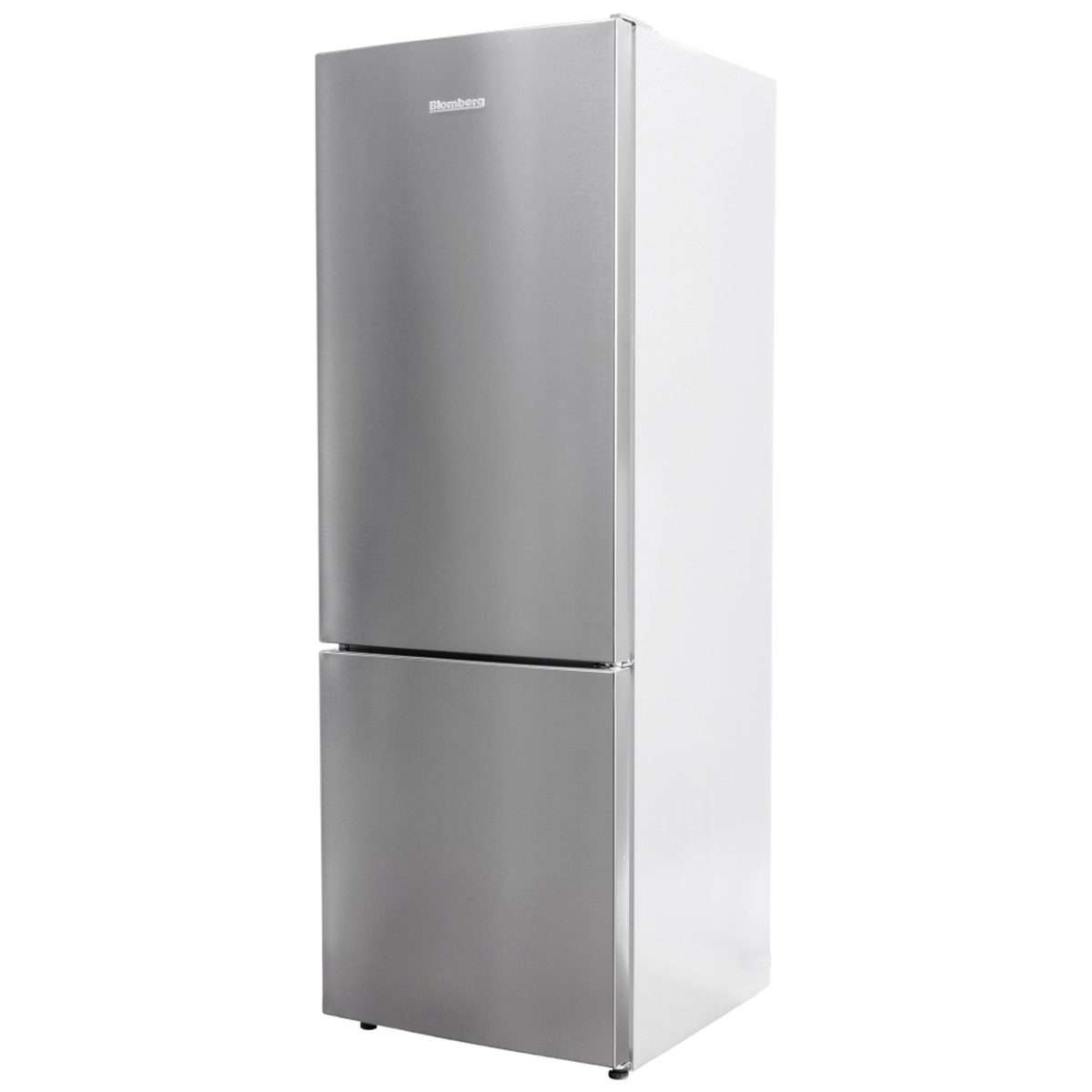 Angled exterior view of a stainless steel Blomberg bottom-freezer refrigerator with two doors