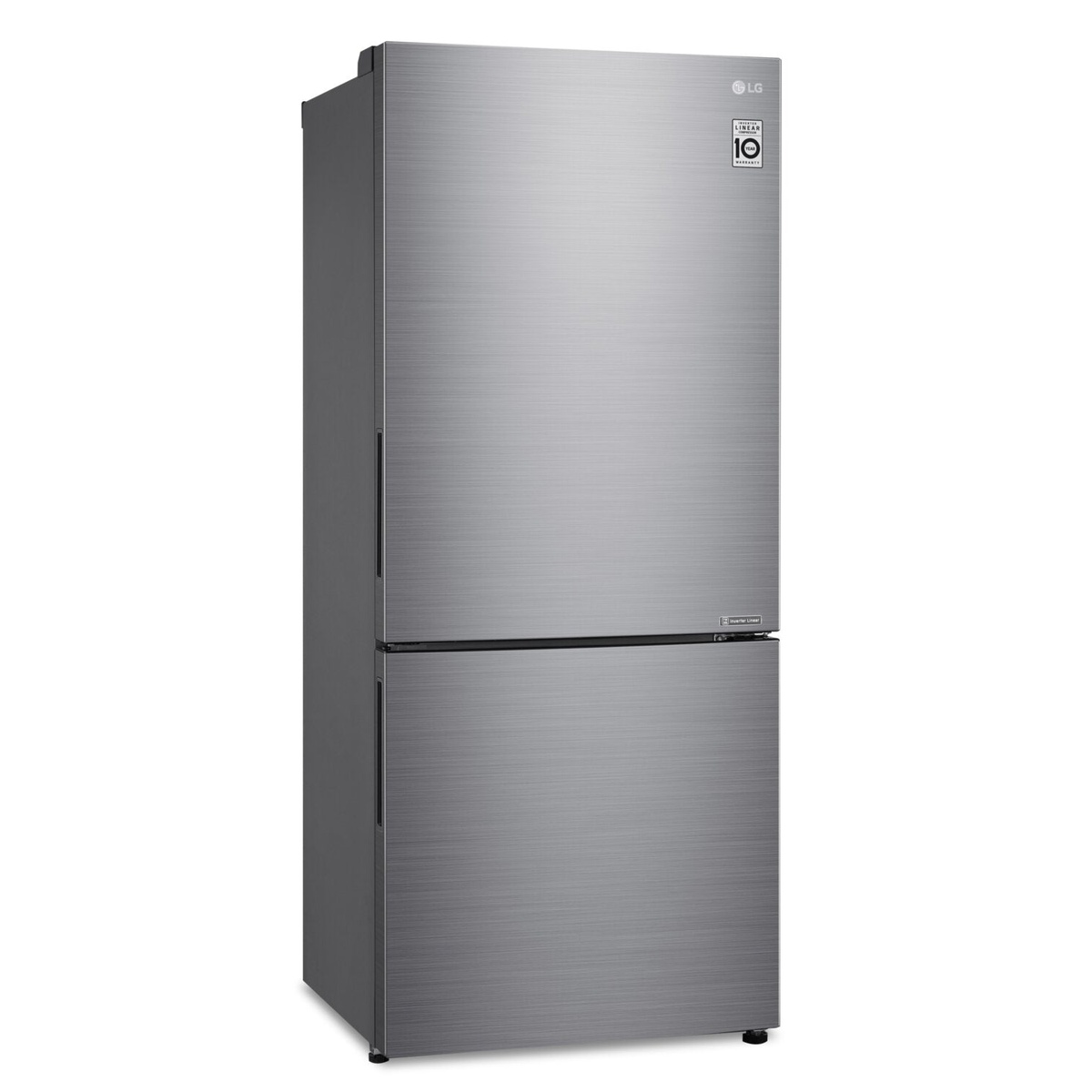 Angled exterior view of an LG counter-depth bottom-freezer refrigerator in platinum silver finish