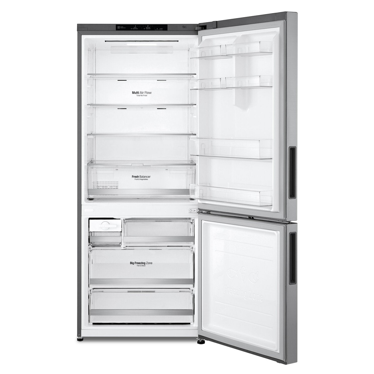 Open LG bottom-freezer refrigerator showing Multi Air Flow and Total No Frost labels, Fresh Balancer crisper, and freezer drawer storage