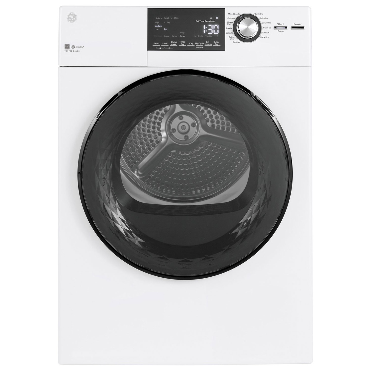 Front view of a white GE compact electric dryer with a large round door and a top control panel with a rotary cycle knob and digital display