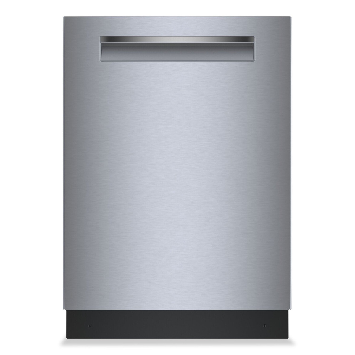 Front view of a stainless steel Bosch built-in dishwasher with a recessed handle