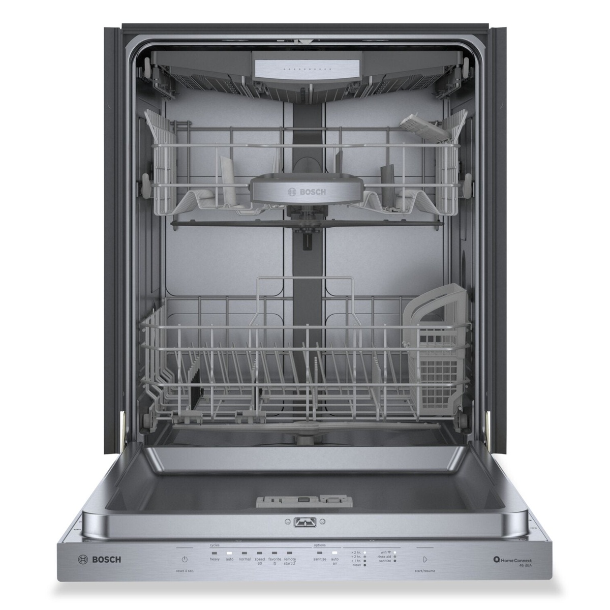Open Bosch dishwasher showing the racks, stainless interior, and the top control panel with Home Connect branding