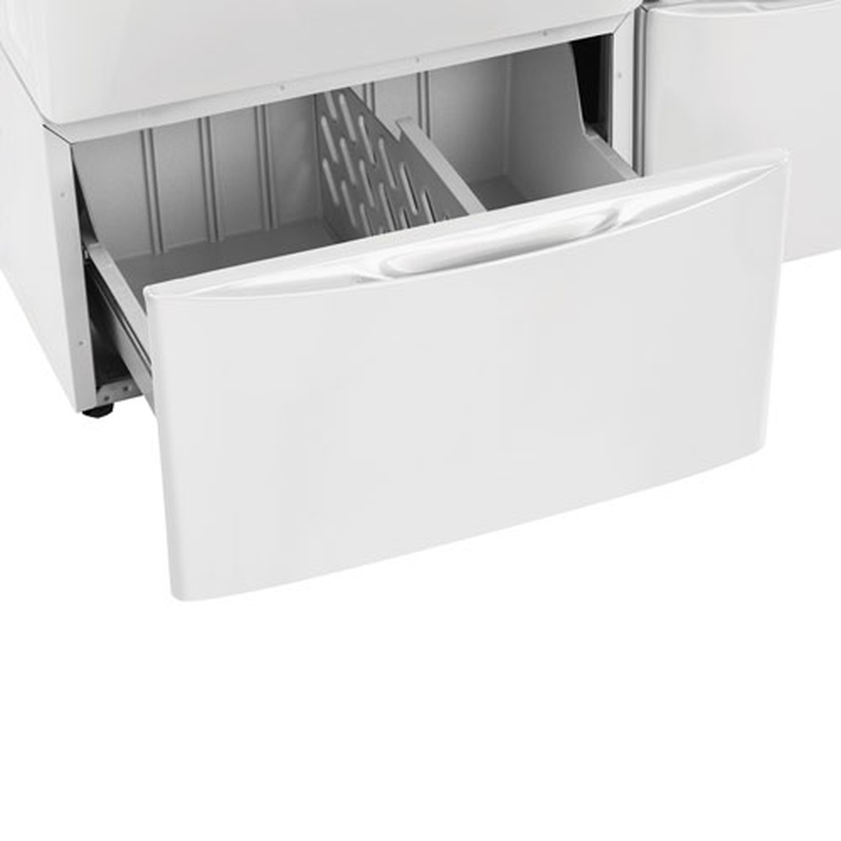 White Electrolux laundry pedestal with the storage drawer pulled open