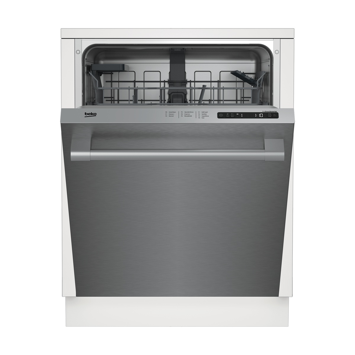 Front view of a Beko stainless built-in dishwasher with top controls and LED display