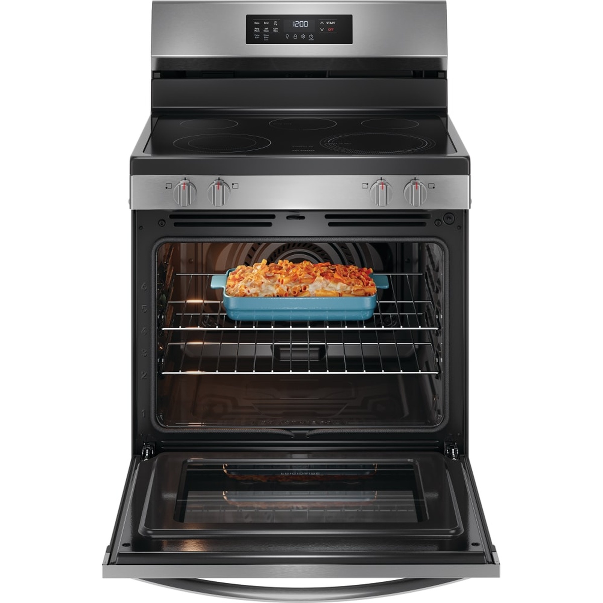 Frigidaire stainless steel electric range with the oven door open, showing two oven racks and a convection fan at the back wall.