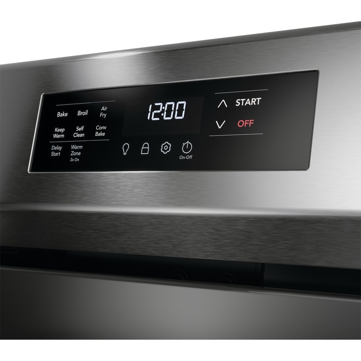 Close-up of the Frigidaire range back control panel showing touch controls including Bake, Broil, Air Fry, Conv Bake, and Self Clean.