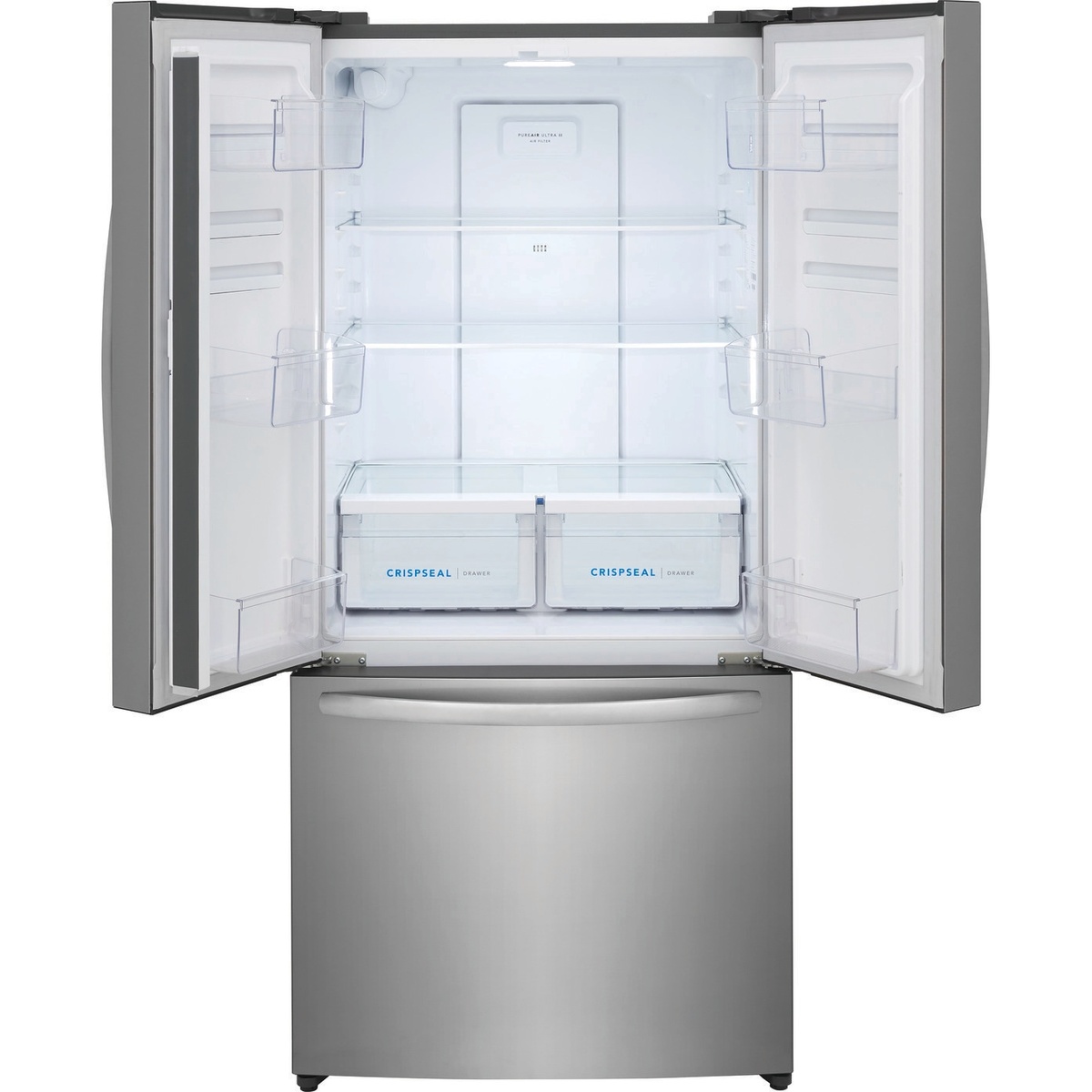 Open French door refrigerator interior showing glass shelves, door bins, and two CrispSeal drawers