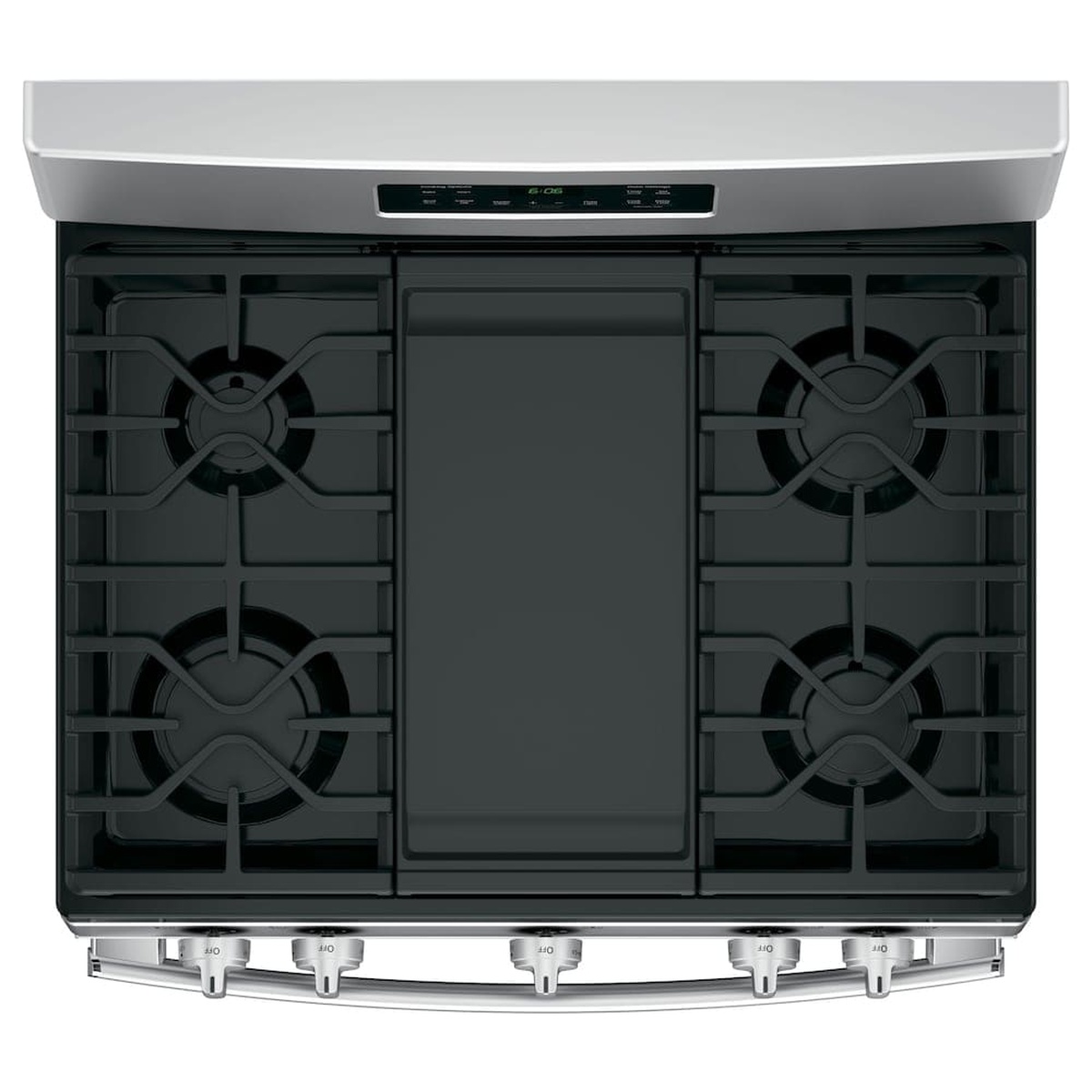 Top-down view of the gas cooktop with continuous grates and an integrated center griddle