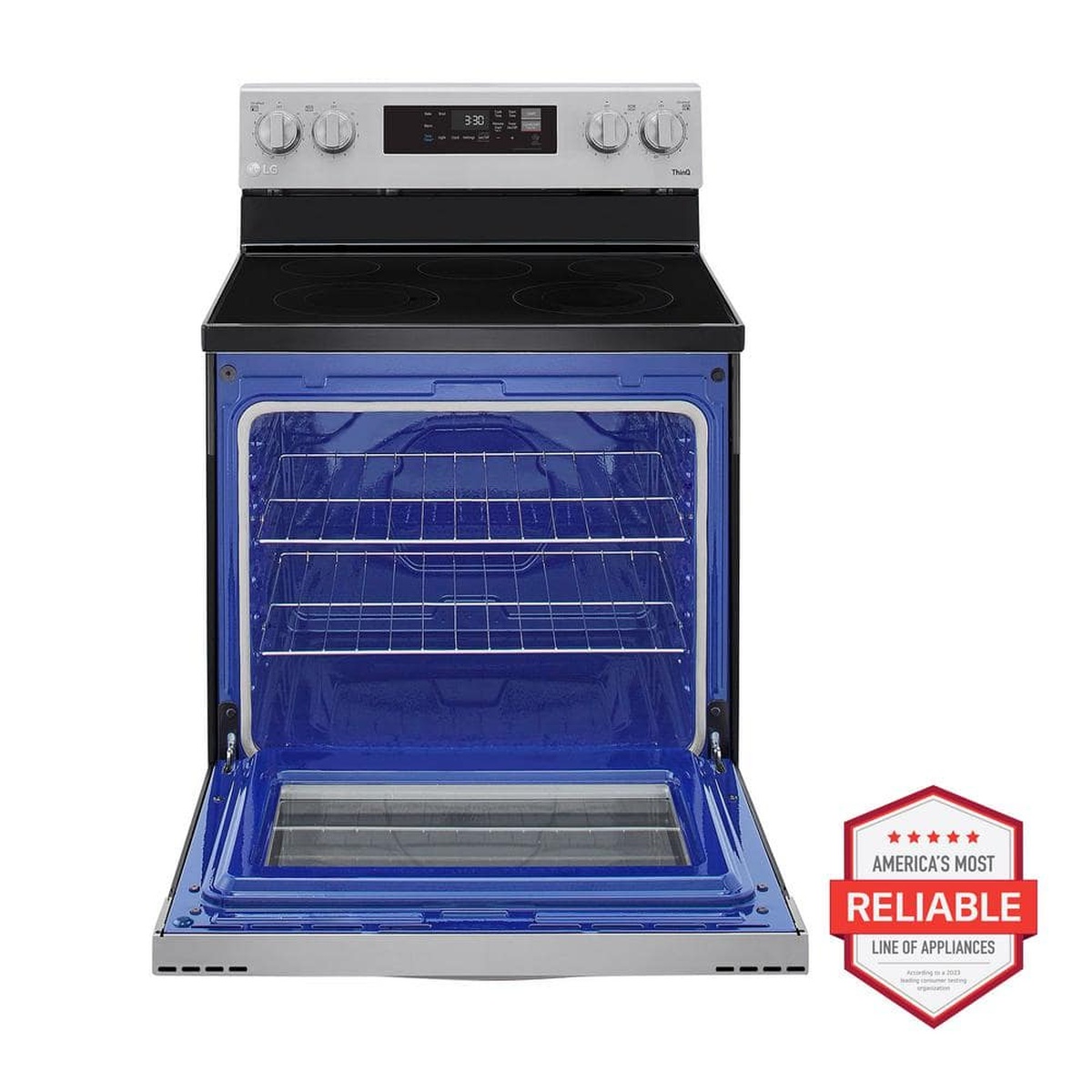 LG electric range shown with the oven door open, revealing a bright blue oven interior and oven racks, plus a reliability badge graphic