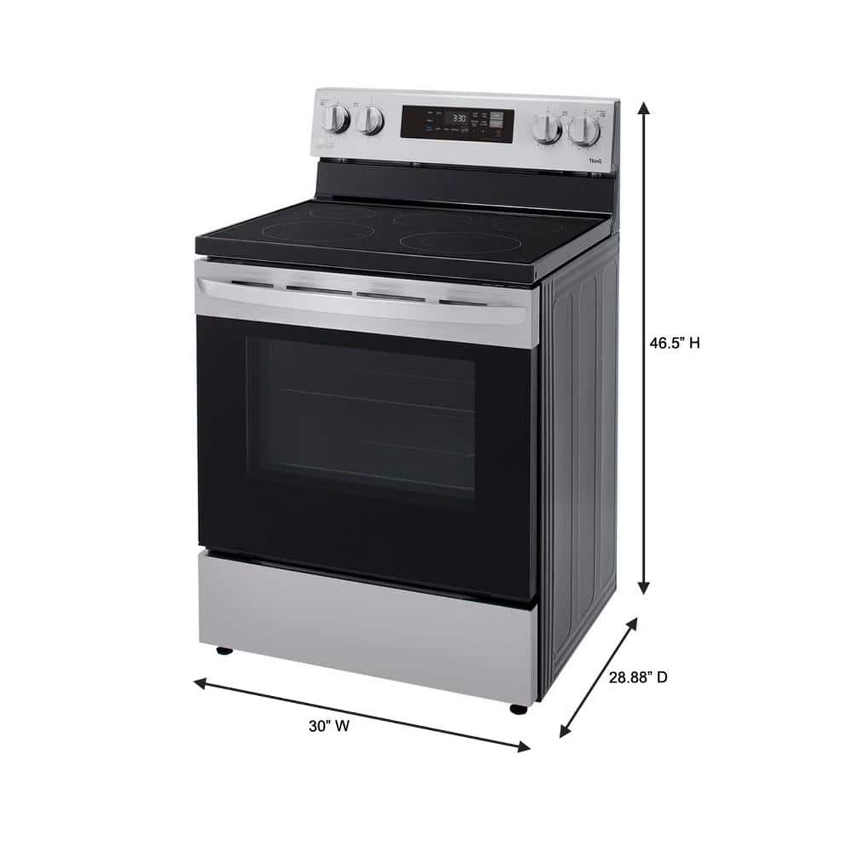 Angled view of the LG LREL6321S electric range with labeled dimensions: 30 in W, 28.88 in D, 46.5 in H