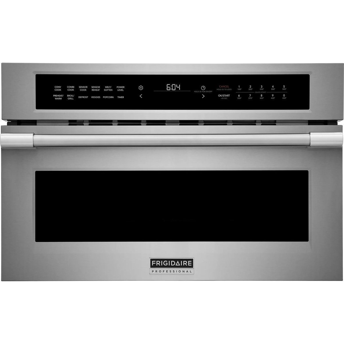 Front view of the Frigidaire Professional PMBD3080AF built-in convection microwave with stainless finish, drop-down door handle, and wide touch control panel