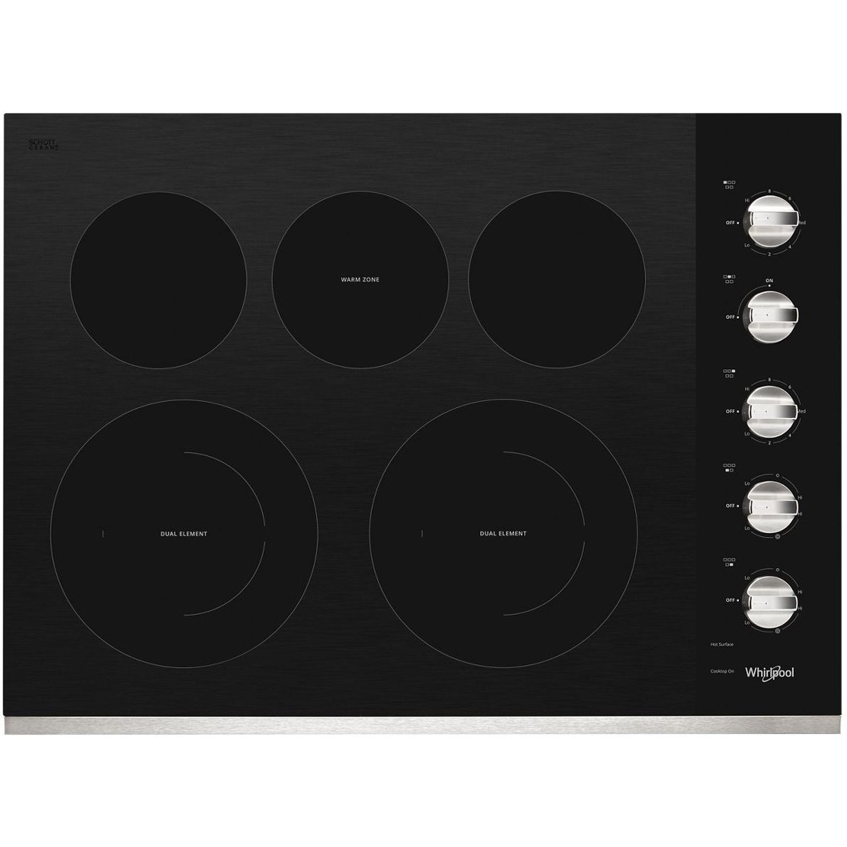 Top view of a Whirlpool black ceramic-glass electric cooktop with five outlined elements, including two dual elements and a labeled warm zone, with knob controls on the right.