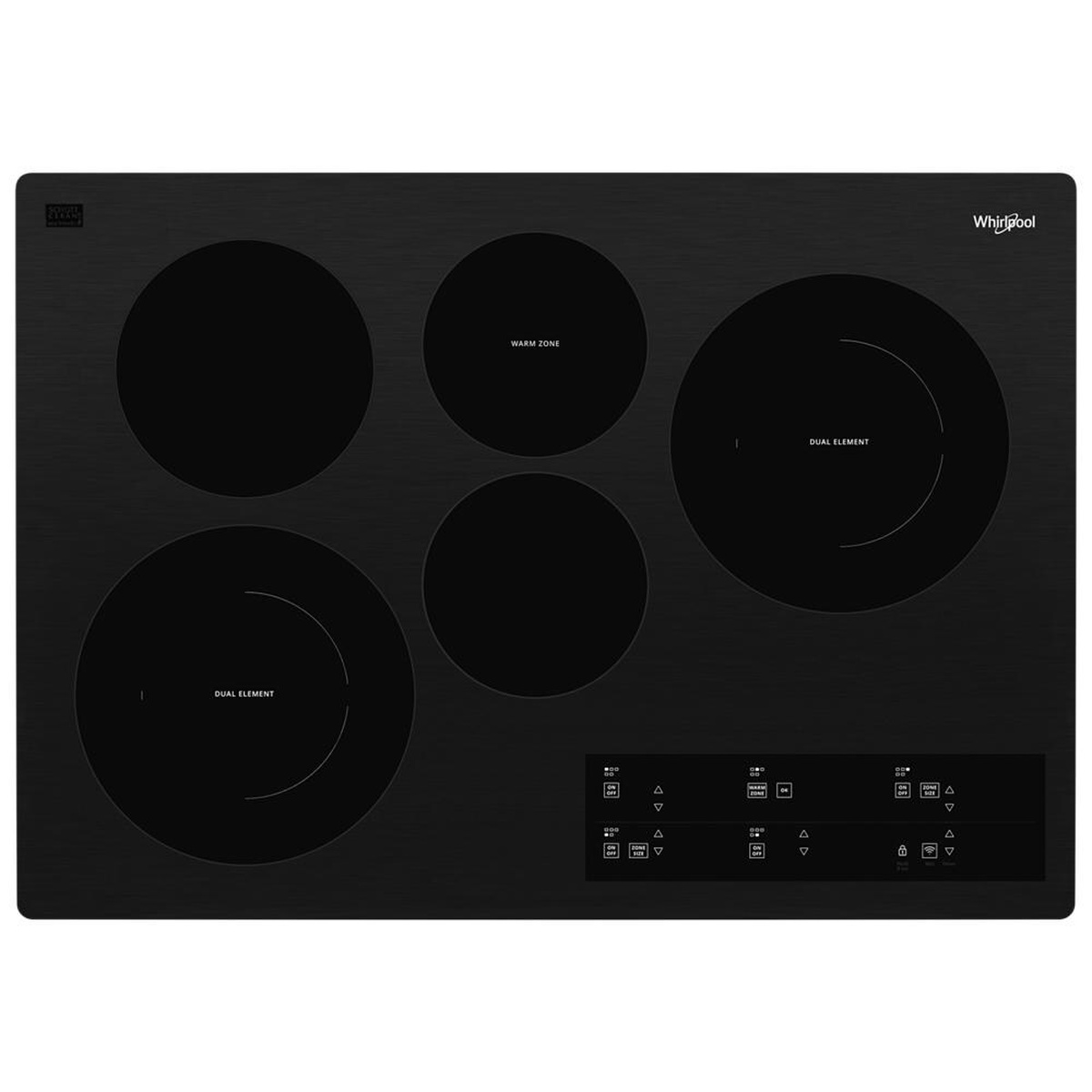 Black Whirlpool smooth ceramic glass cooktop with five marked cooking zones and a right-side touch control panel