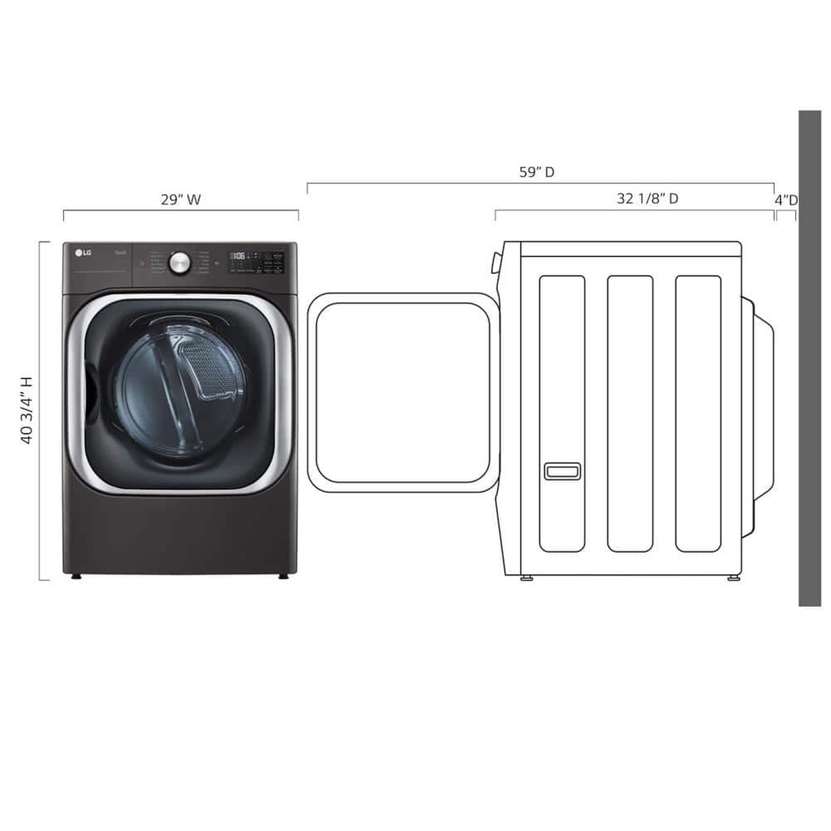 Dimension diagram of the LG DLEX8900B dryer showing width, height, depth, and depth with the door open