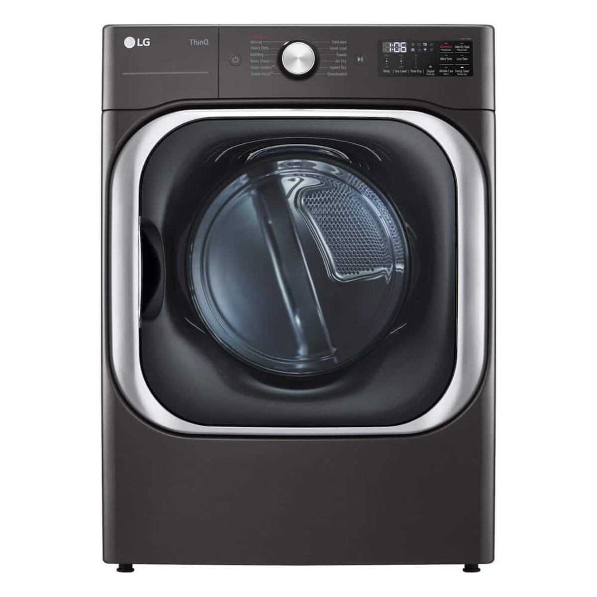 Front view of the LG DLEX8900B dryer in Black Steel showing the ThinQ logo, control knob, and large front door