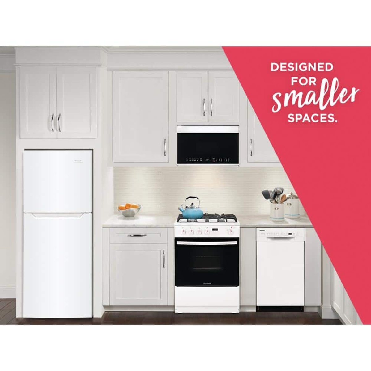 White top-freezer refrigerator shown in a compact kitchen with text reading Designed for smaller spaces