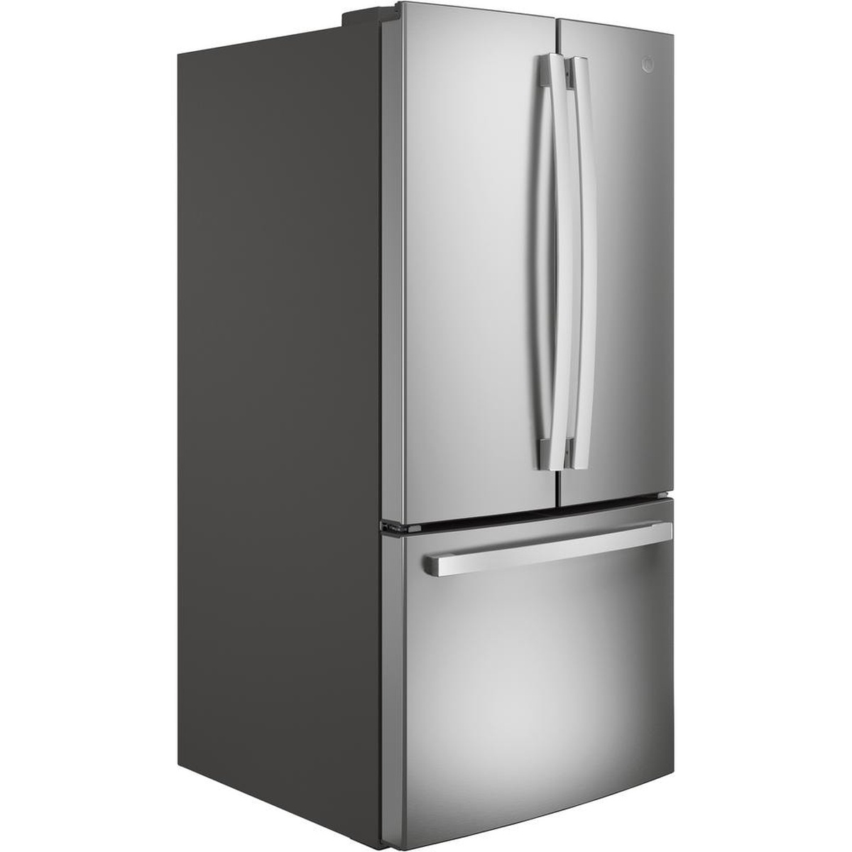 Angled view of a stainless steel GE French door refrigerator with a bottom freezer drawer and long bar handles