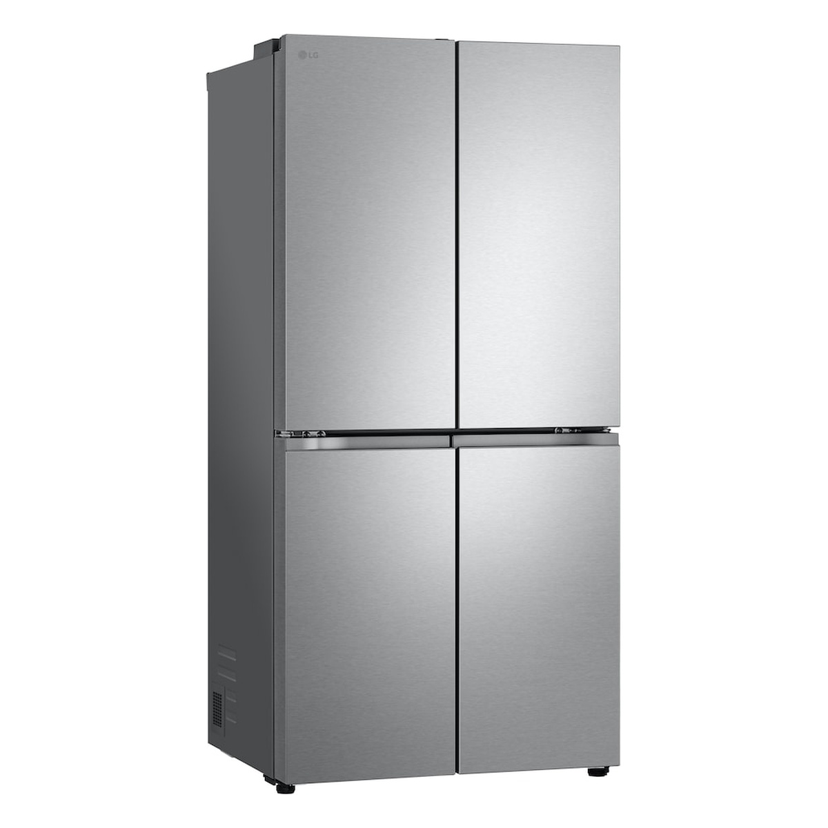 Angled view of a stainless steel LG four-door counter-depth refrigerator with a flat-panel front