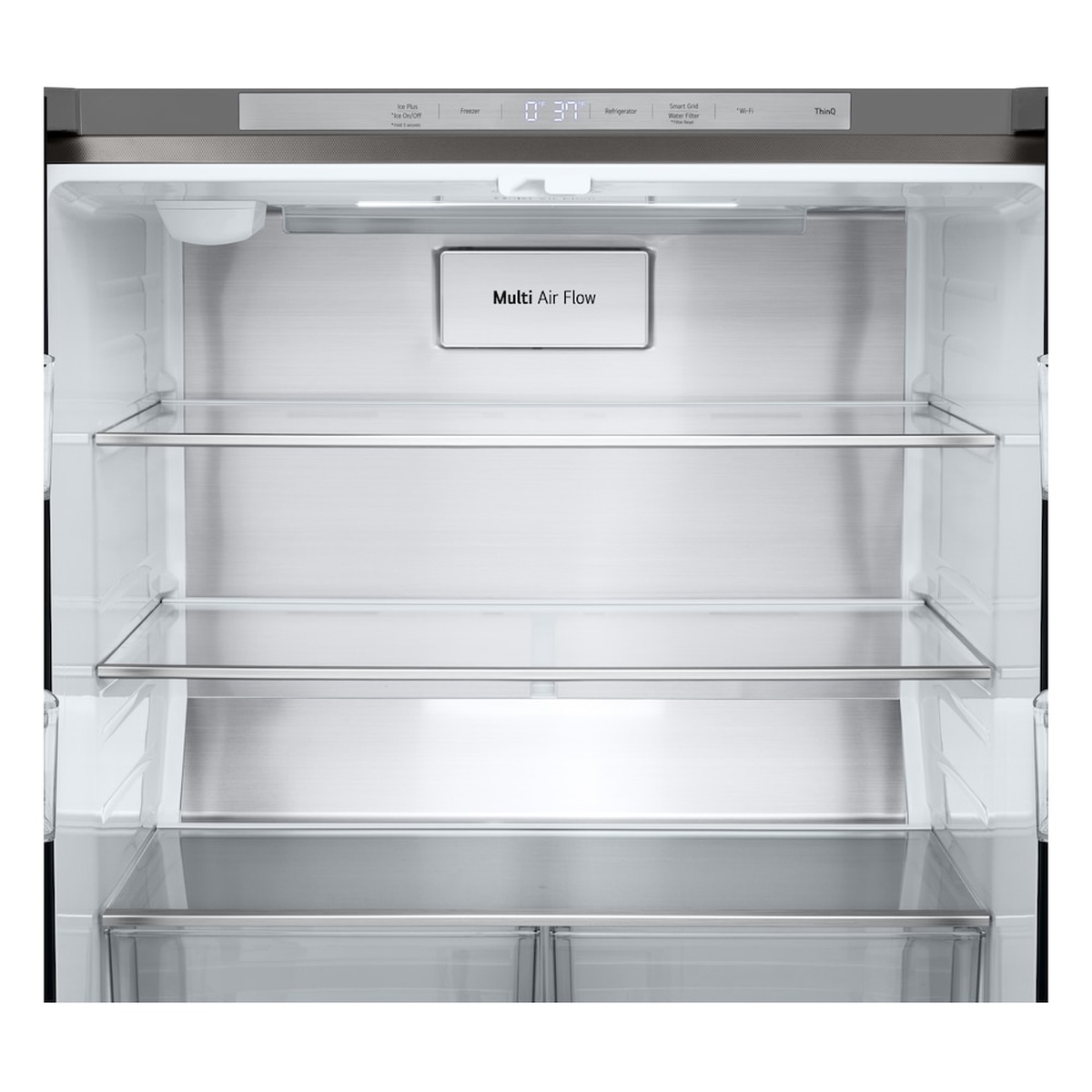 Refrigerator interior showing the top electronic control panel, glass shelves, LED lighting, and a back panel labeled Multi Air Flow